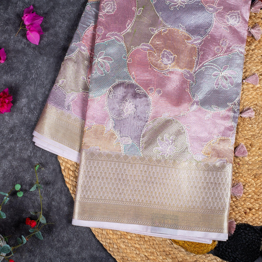 Kora Organza Saree – Pastel Floral Design Elegant Wear - lavender pink - Kleem Boutique