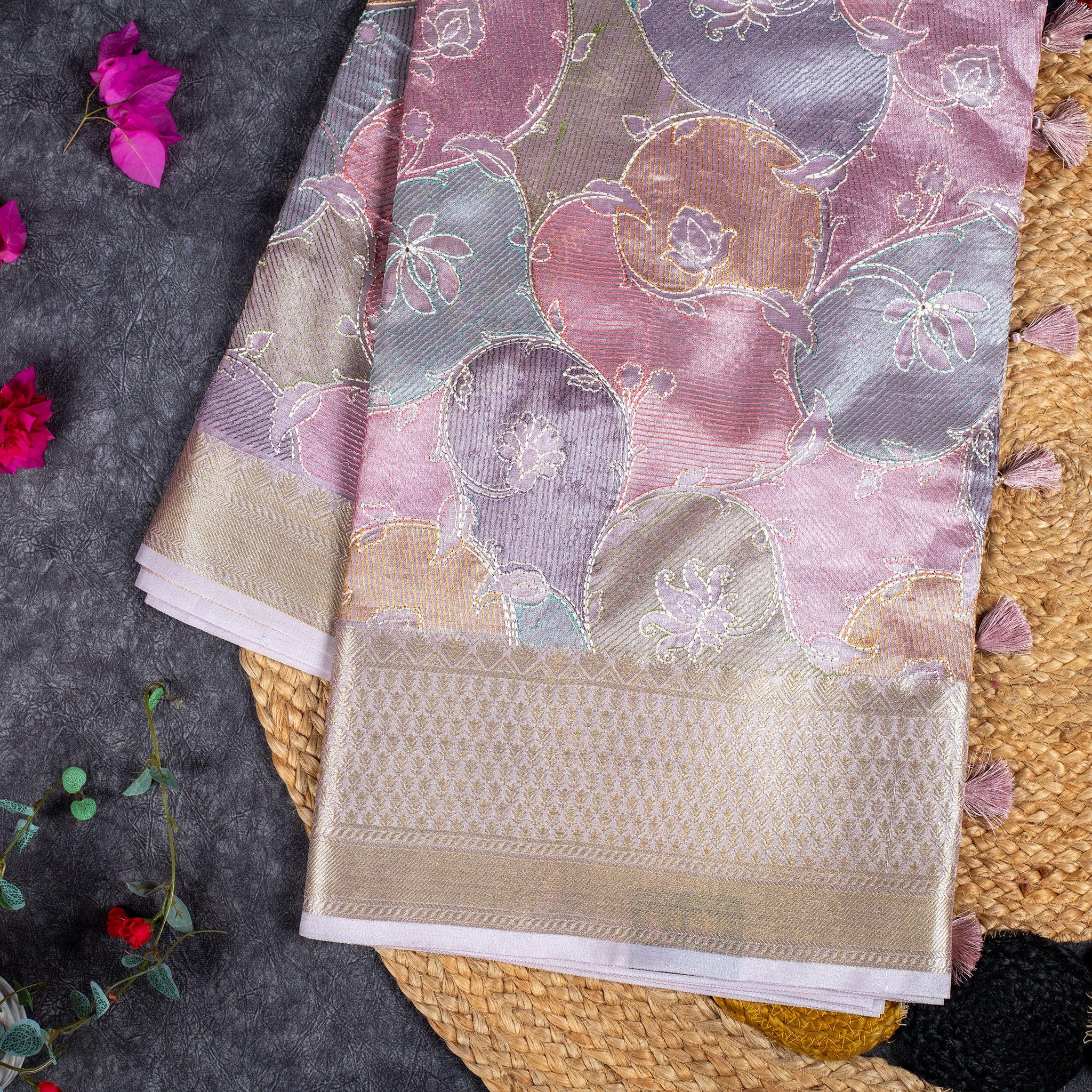 Kora Organza Saree – Pastel Floral Design Elegant Wear - lavender pink - Kleem Boutique