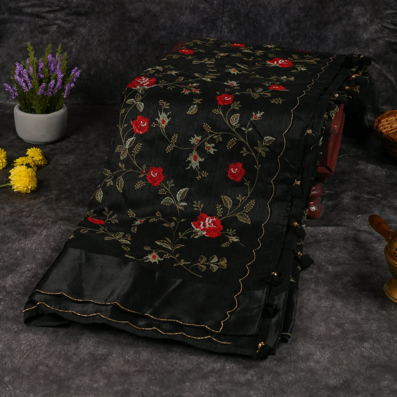 Tussar Jute Black Saree with Cross-Stitch Embroidery and Scallop Border - Kleem Boutique