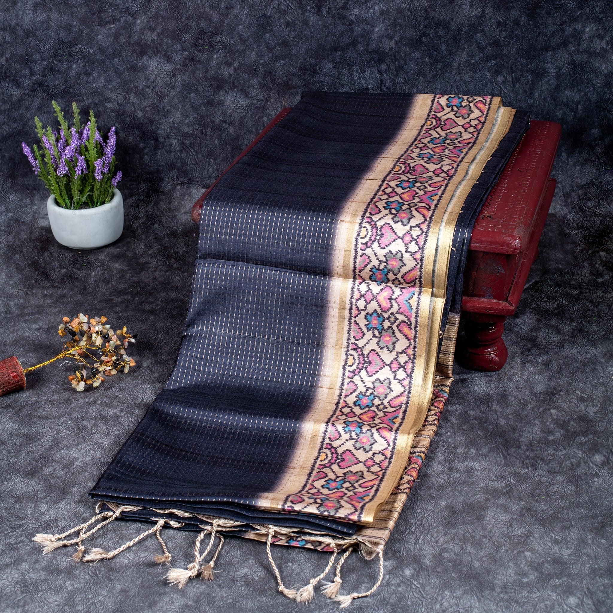 Semi Tussar Silk Saree – Zari Dotted Lines with Contrast Pallu - Kleem Boutique Main image