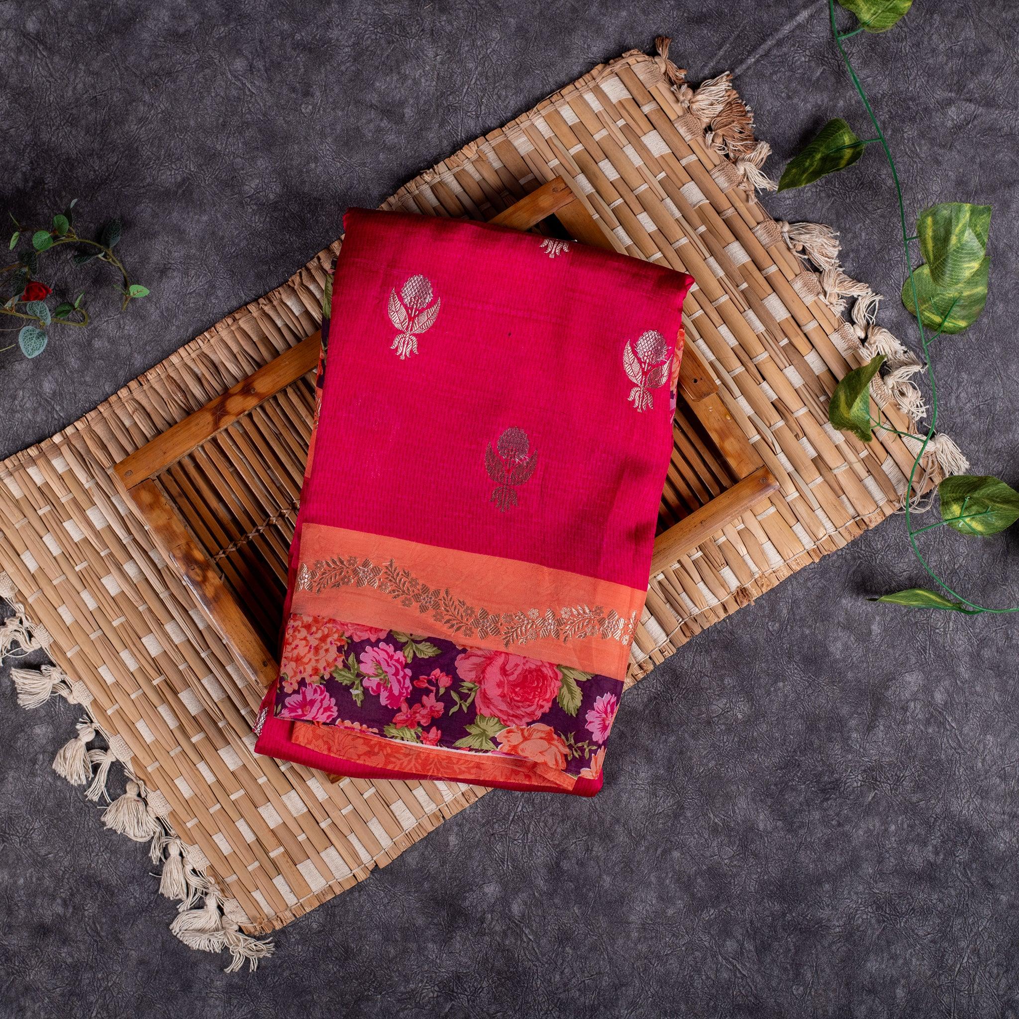 Raw Mango Saree – Pink with Orange Digital Print & Buttis - Kleem Boutique Main image