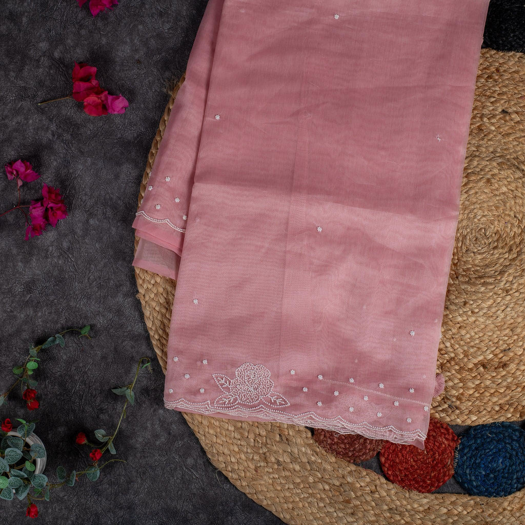 Jute Tissue Silk Saree with Mothi Embroidery – Blush Pink - Kleem Boutique