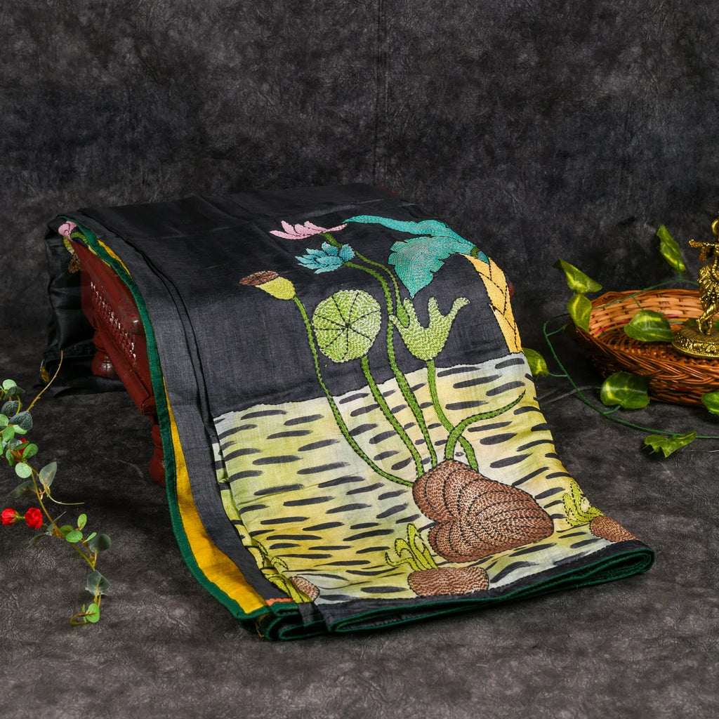 Pure Handloom Tussar Silk Elephant Grey Saree with Kantha Work Embroidery - Kleem Boutique