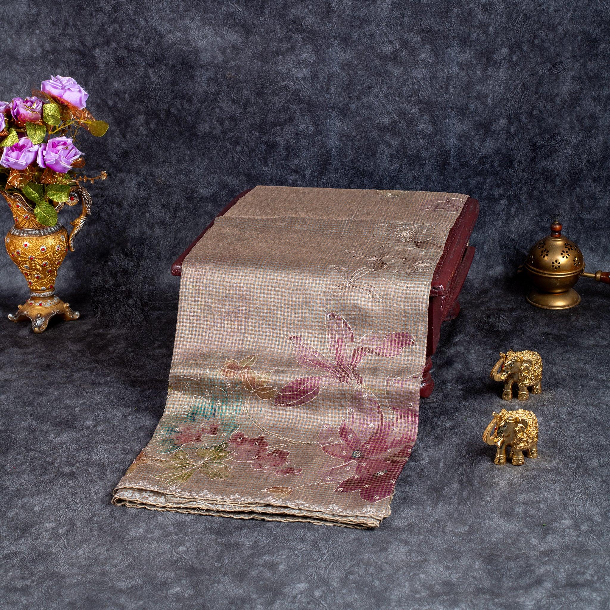 Pure Handloom Tissue Organza Saree with Self-Check Zari & Aari Scallop Border – Champagne Beige - Kleem Boutique Main image