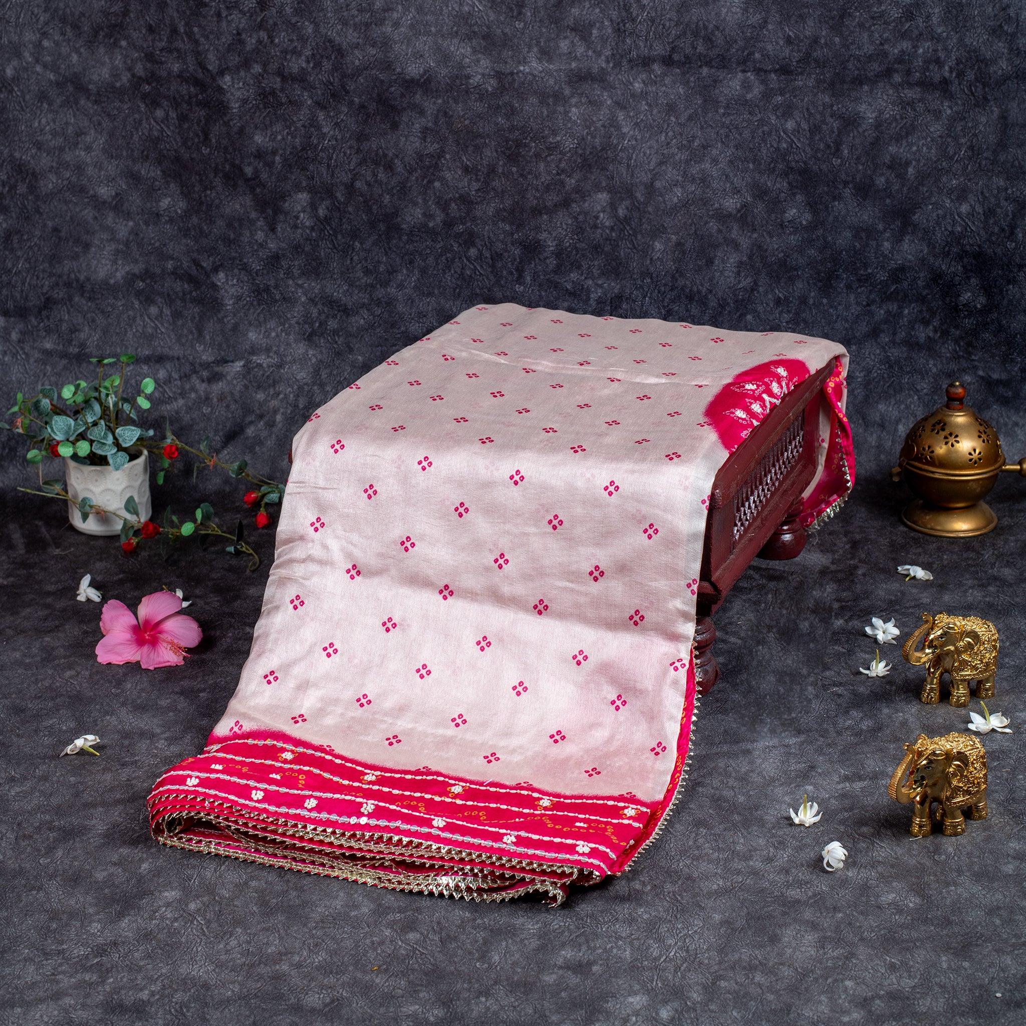 Imported Satin Crepe Saree with Bandhani Print & Hand Embroidery – Off-White & Pink - Kleem Boutique Main image