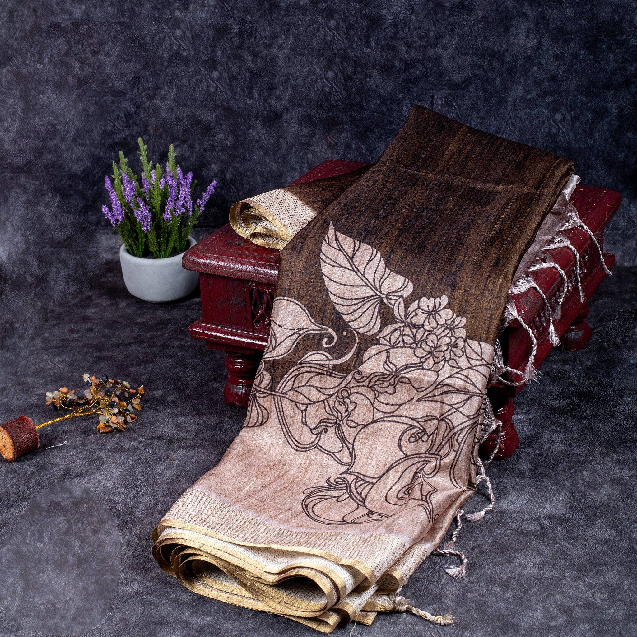 Semi Tussar Silk Saree – Printed Floral Border &amp; Pallu - Kleem Boutique