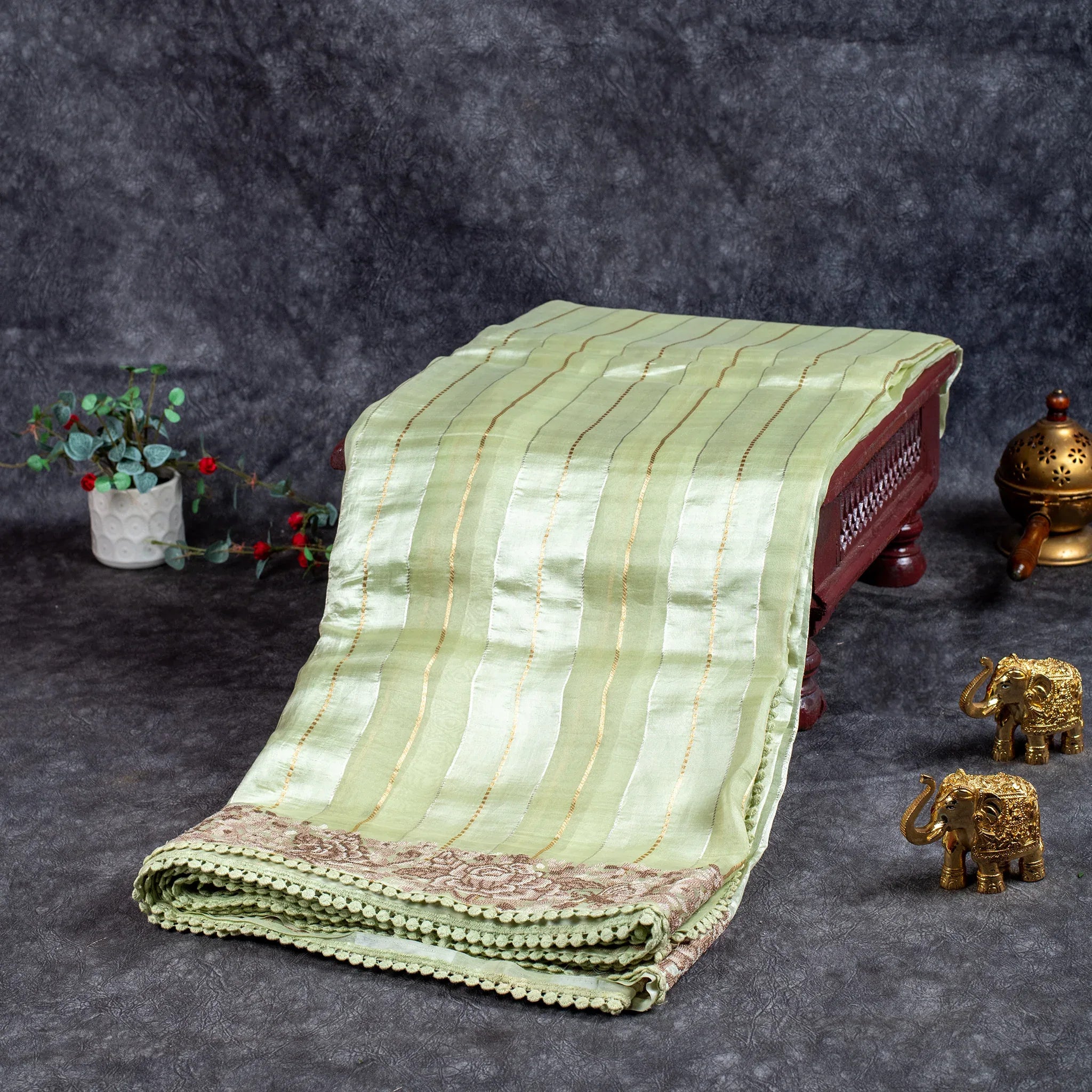 Pure Handloom Banarasi Kora Saree with Horizontal Stripes & Pette Point Work – Light & Dark Pista Main image