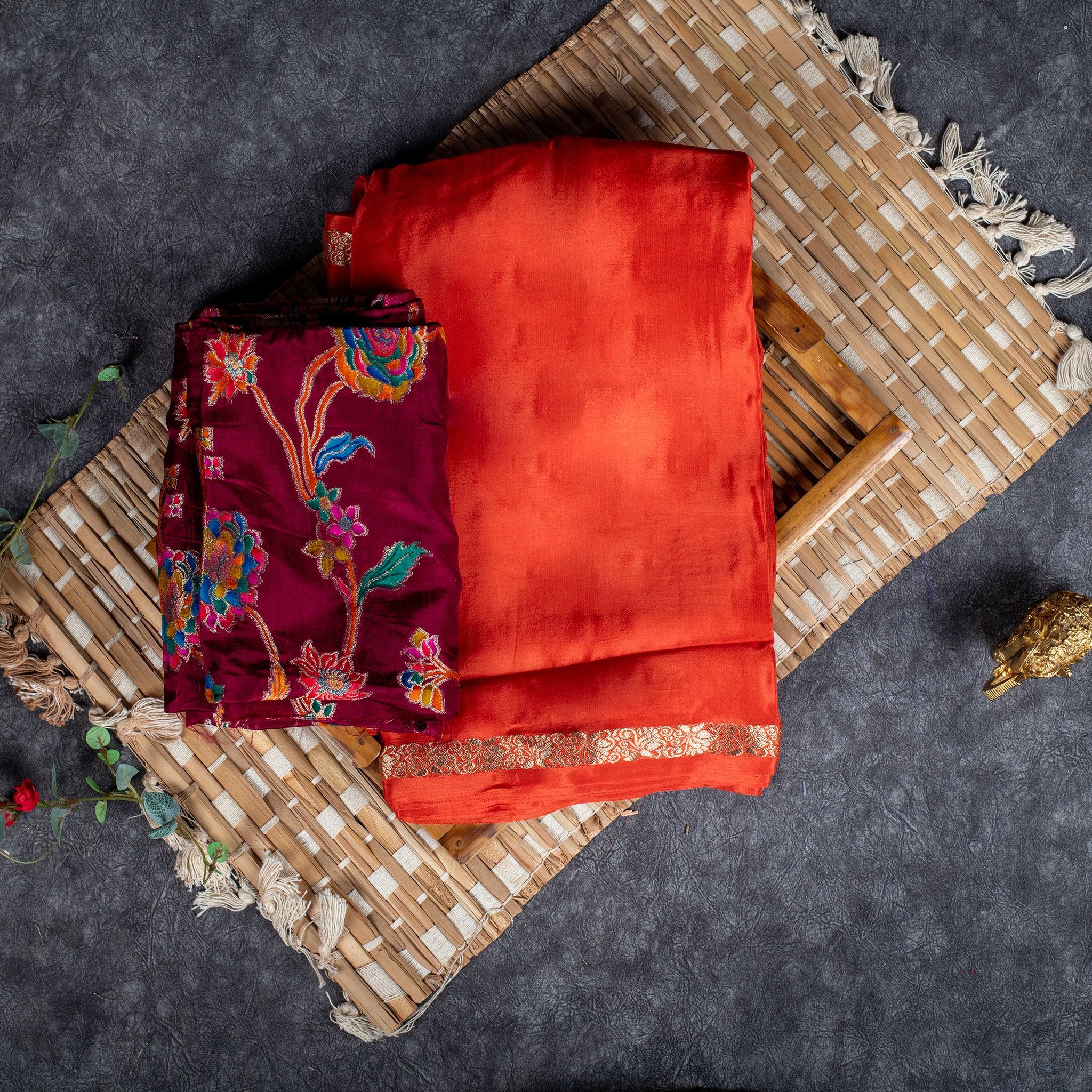 Mysore Crepe Sarees with Contrast Blouse - Orange - Kleem Boutique