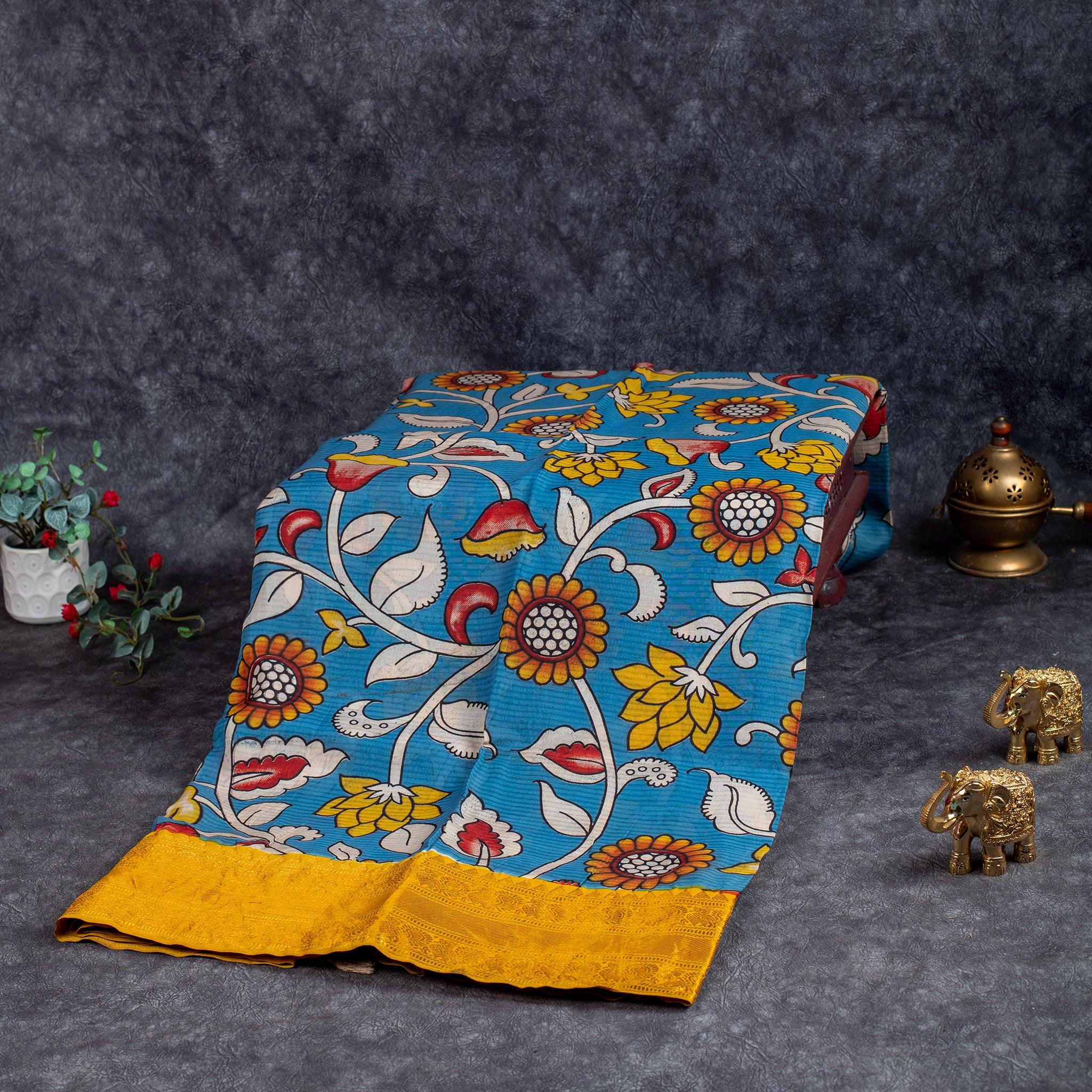 Pure Handloom Kanchi Border Silk Saree with Digital Prints - Powdered Blue - Kleem Boutique Main image