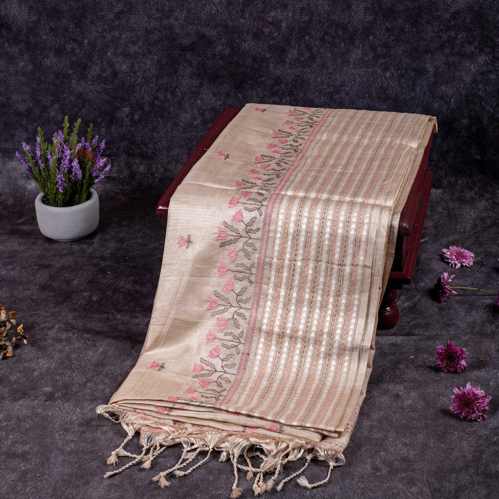 Semi Tussar Silk Saree – Floral Motifs with Kantha Work Border - Kleem Boutique
