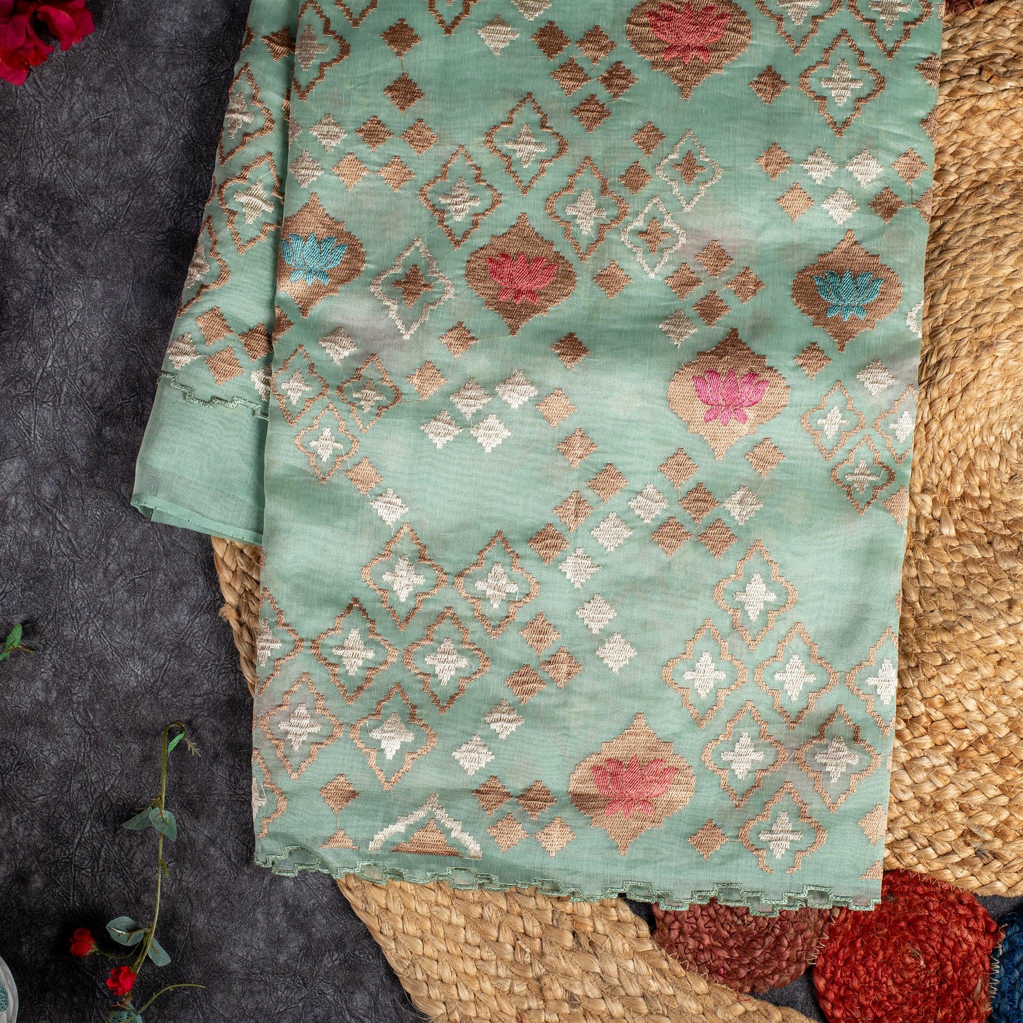 Soft Jute Tissue Organza Saree with Machine Embroidery – Elegant Pastels - Teal Green - Kleem Boutique