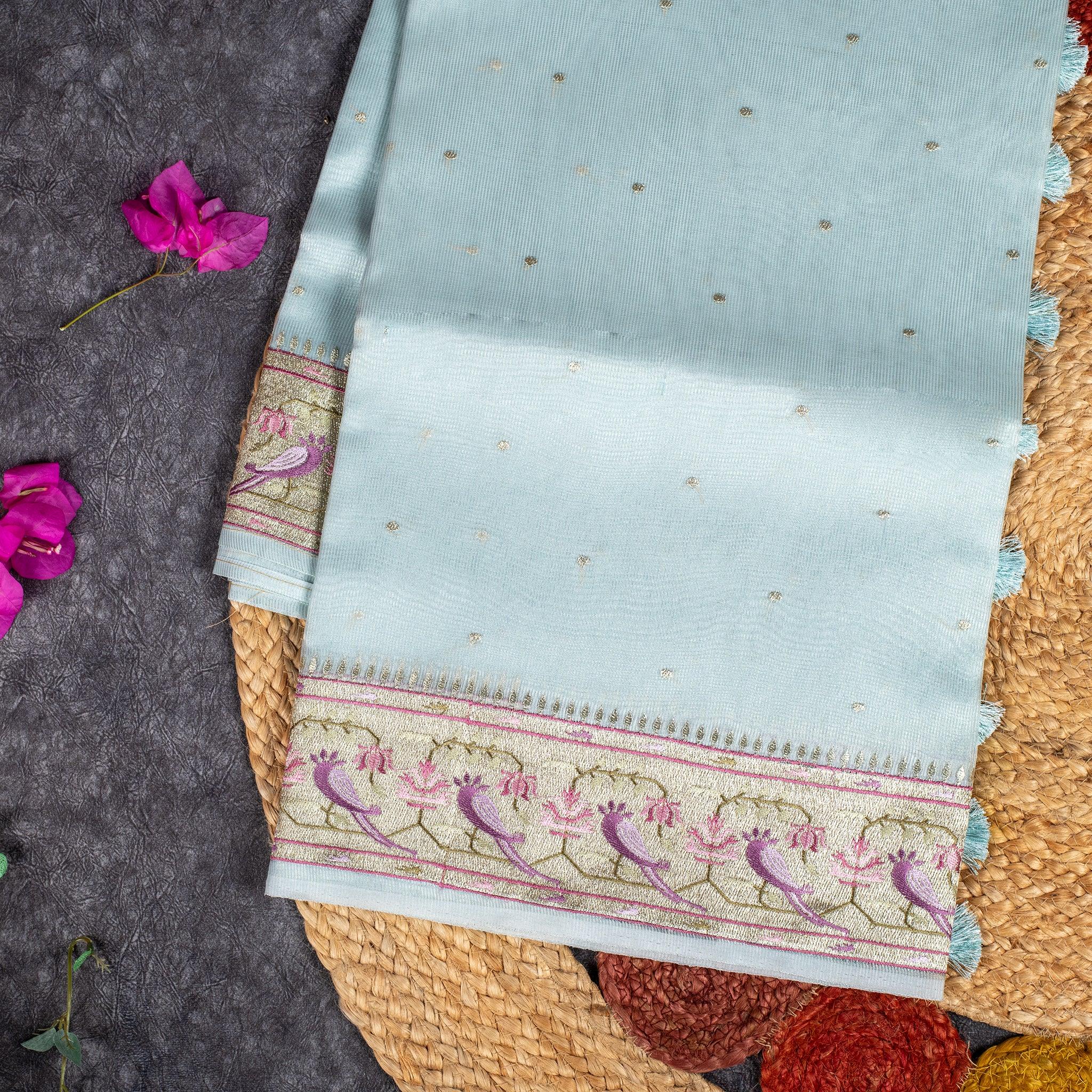 Tissue Organza Saree with Paithani-Inspired Border - Mint Blue - Kleem Boutique