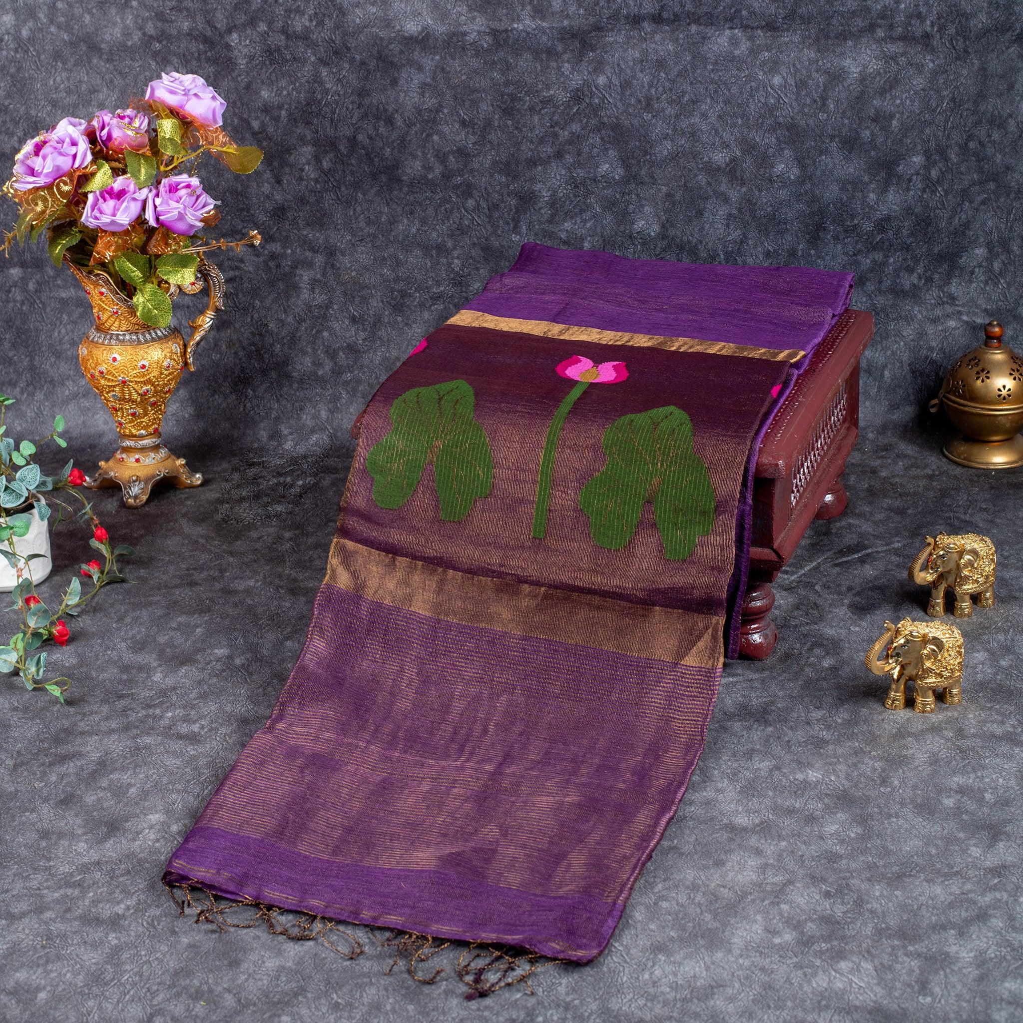 Jamdani Silk Saree with Horizontal Line Design – Handwoven Elegance - Violet - Kleem Boutique Main image