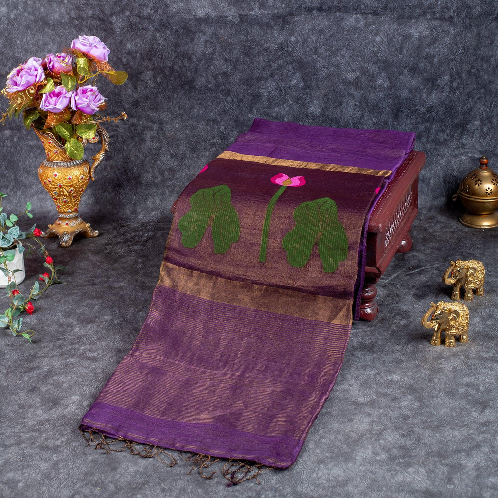 Jamdani Silk Saree with Horizontal Line Design – Handwoven Elegance - Violet - Kleem Boutique