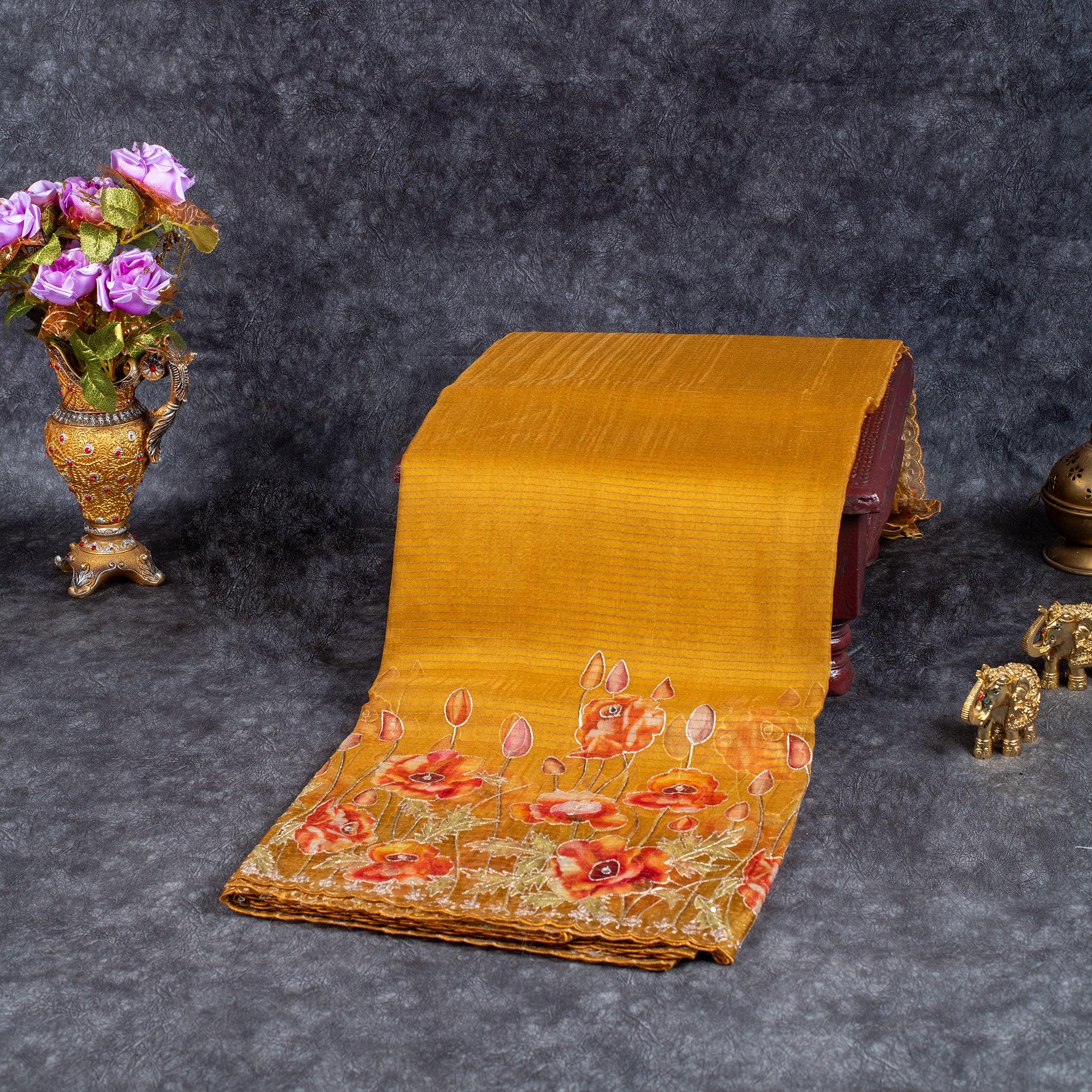 Tissue Organza Saree with Zari Lines & Aari Border – Mustard Yellow - Kleem Boutique Main image