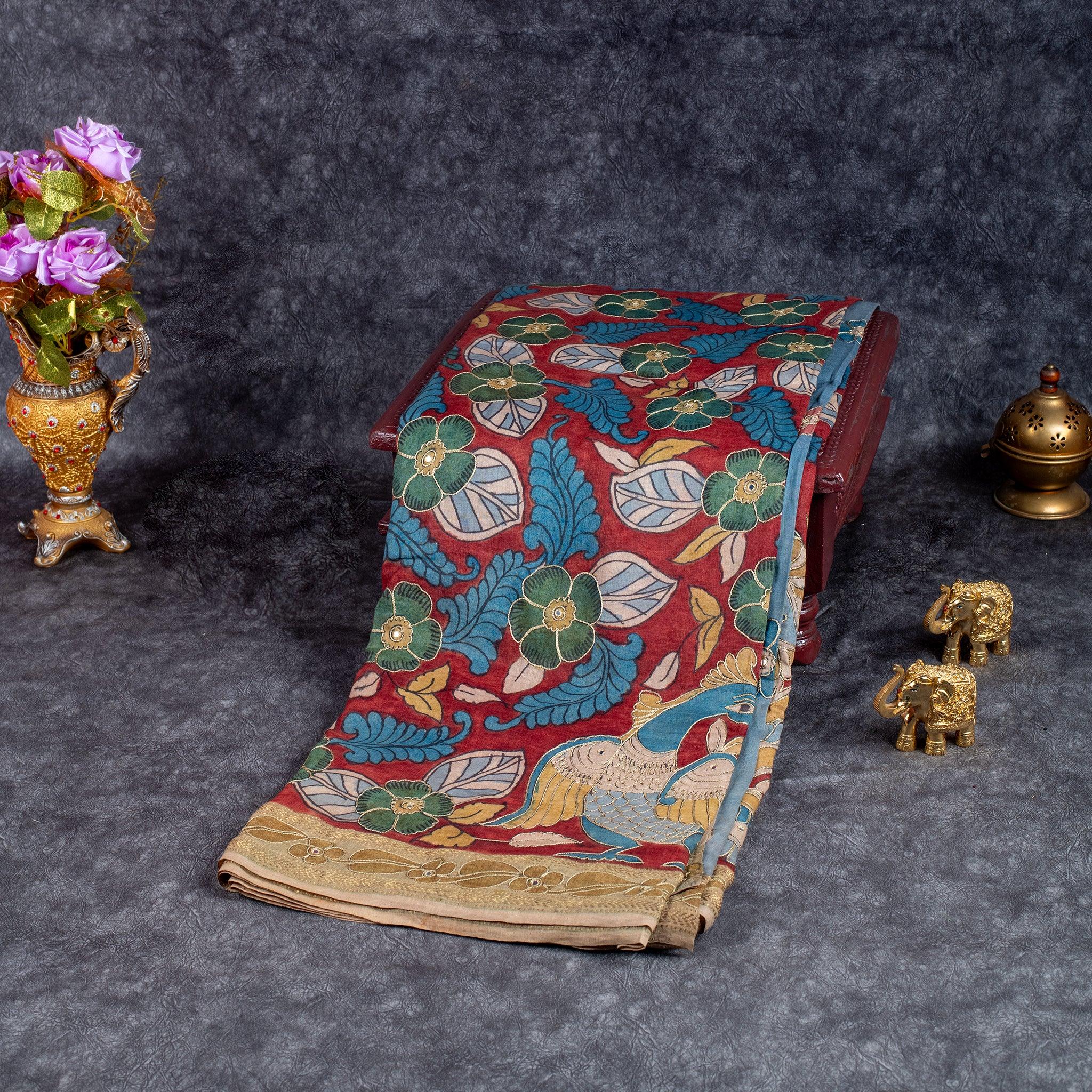 Pure Handloom Khadi Linen Tussar Saree with Hand-Painted Kalamkari & Aari Work – Deep Maroon - Kleem Boutique