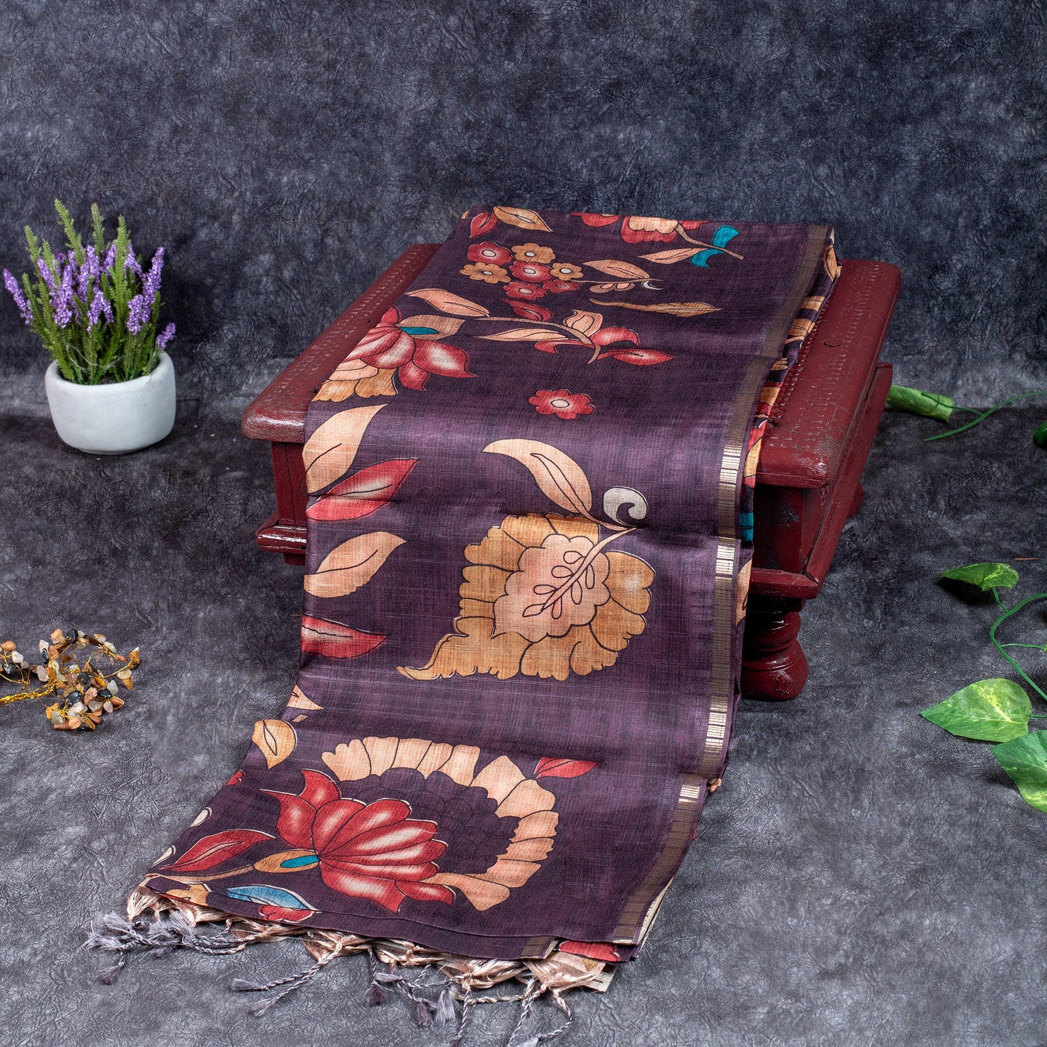Semi Tussar Silk Saree – Kalamkari Floral Design with Zari Border - Kleem Boutique