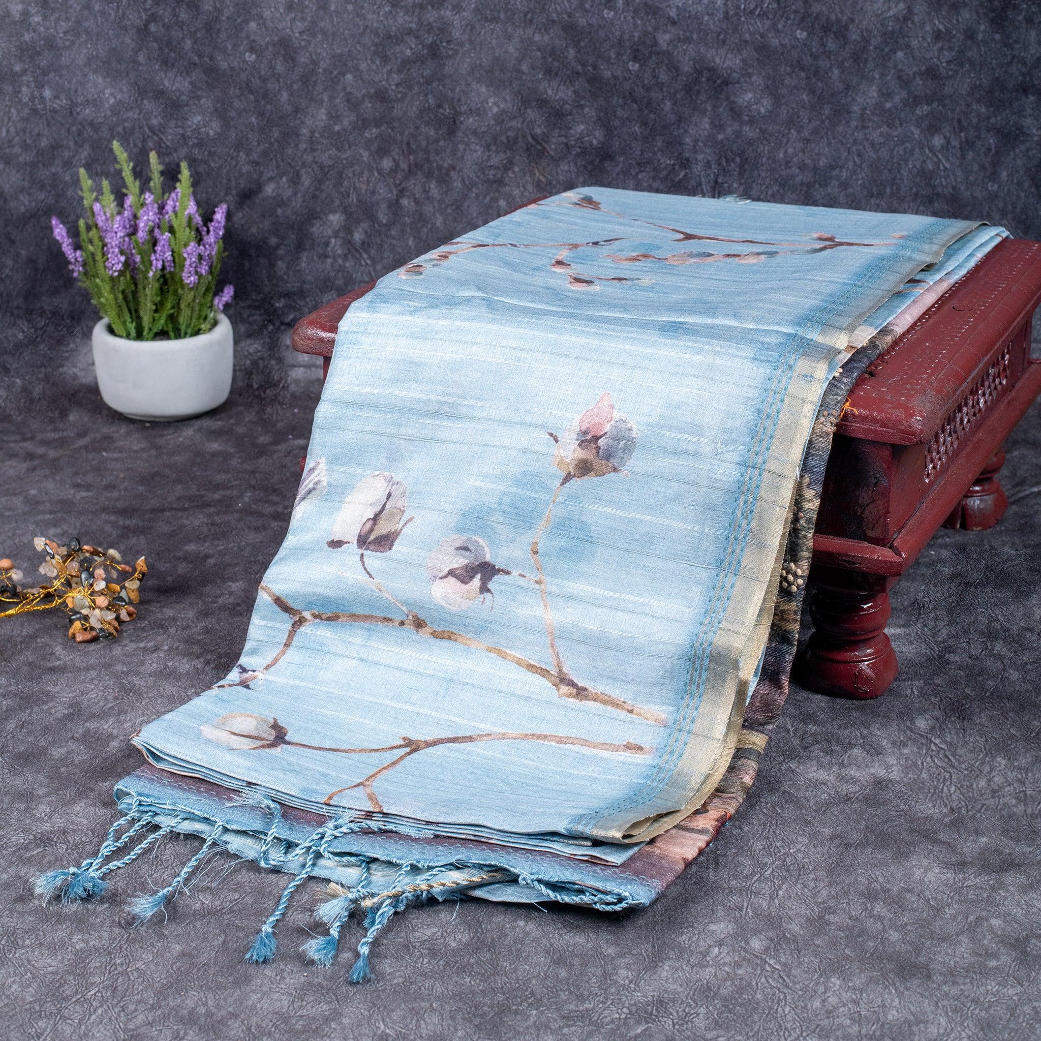 Soft Semi Tussar Silk Saree – Bird & Floral Digital Print - Kleem Boutique