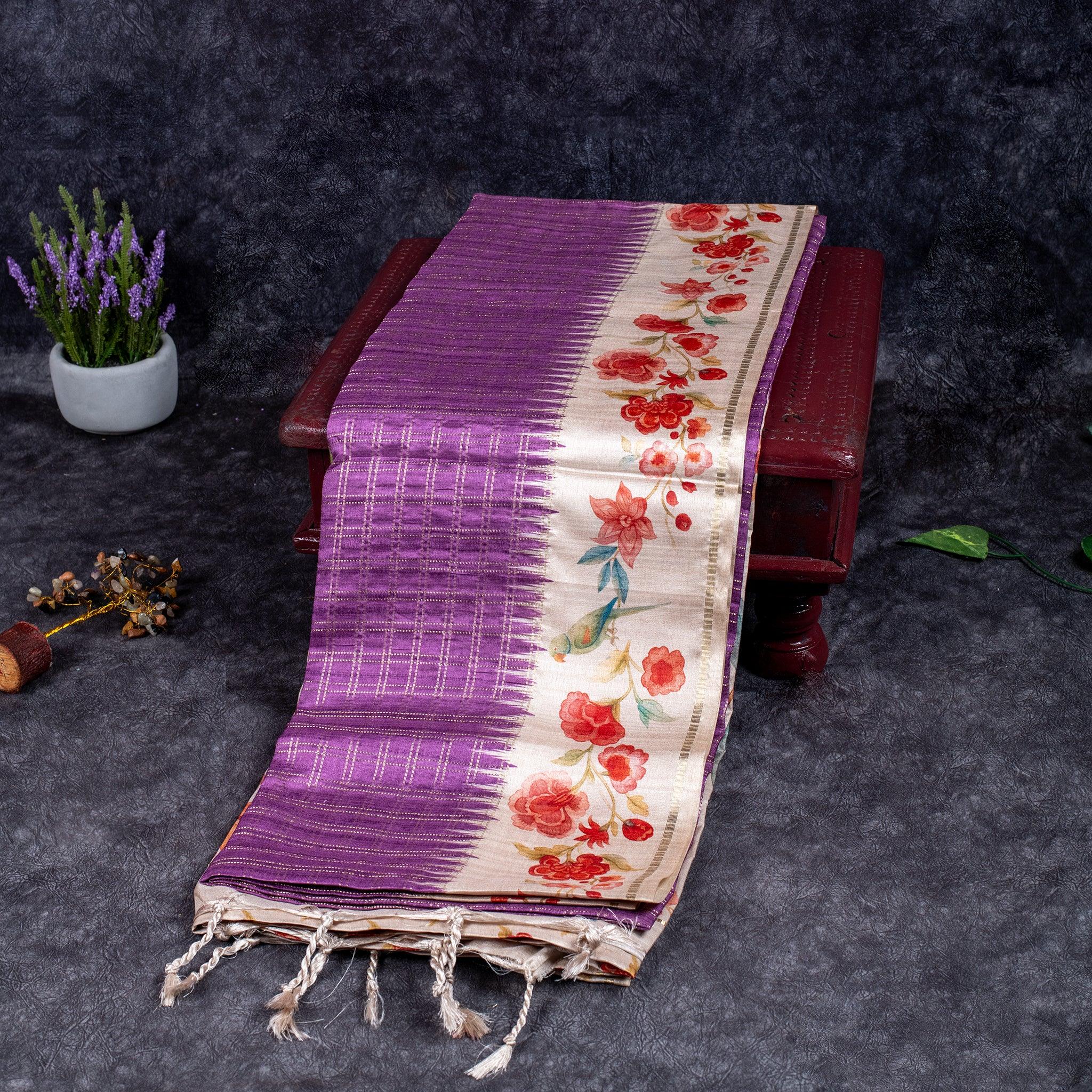 Semi Tussar Silk Saree – Zari Checks with Off-White Floral Pallu - Kleem Boutique