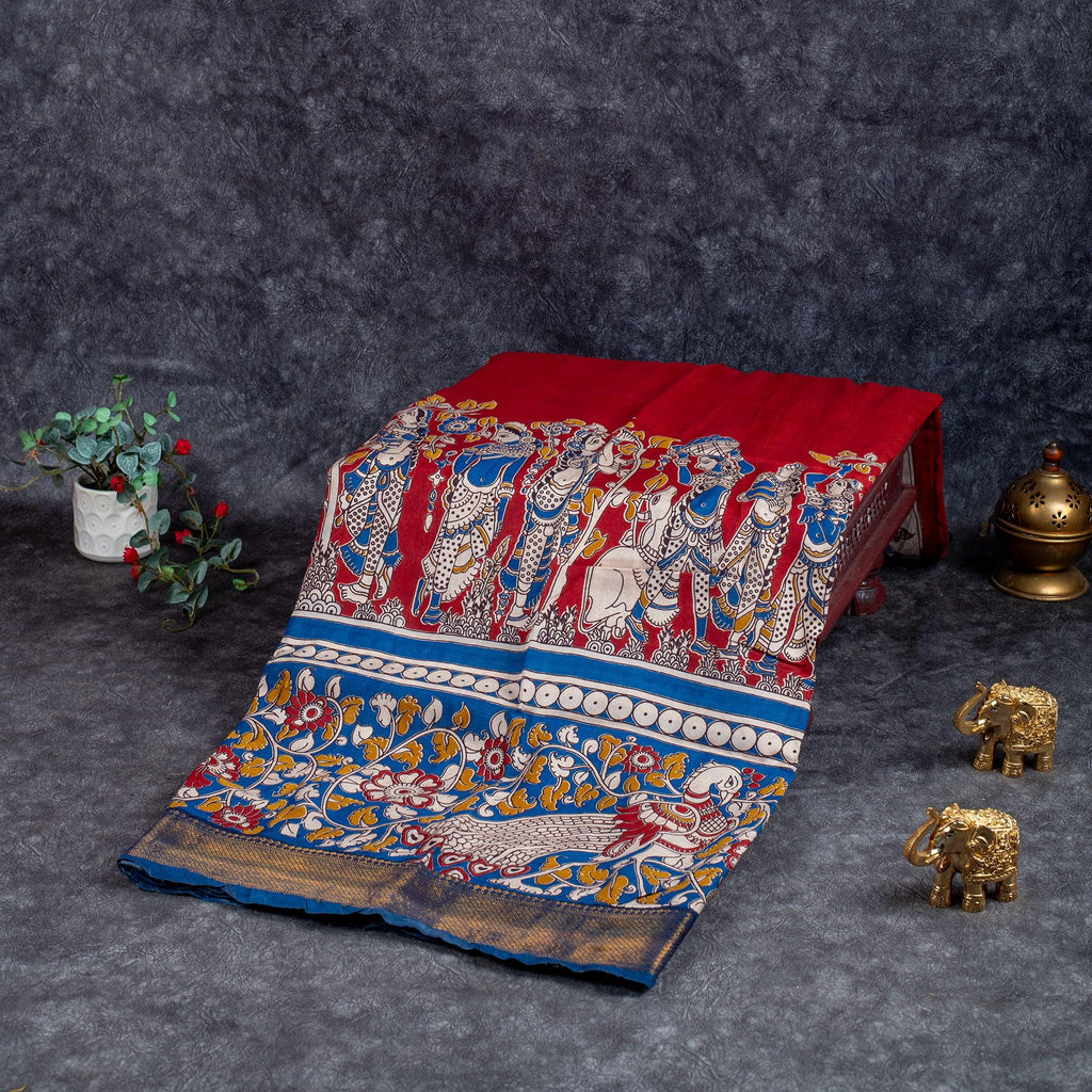 Pure Handloom Nizam Border Silk Saree with Kalamkari Print - Red & Blue - Kleem Boutique