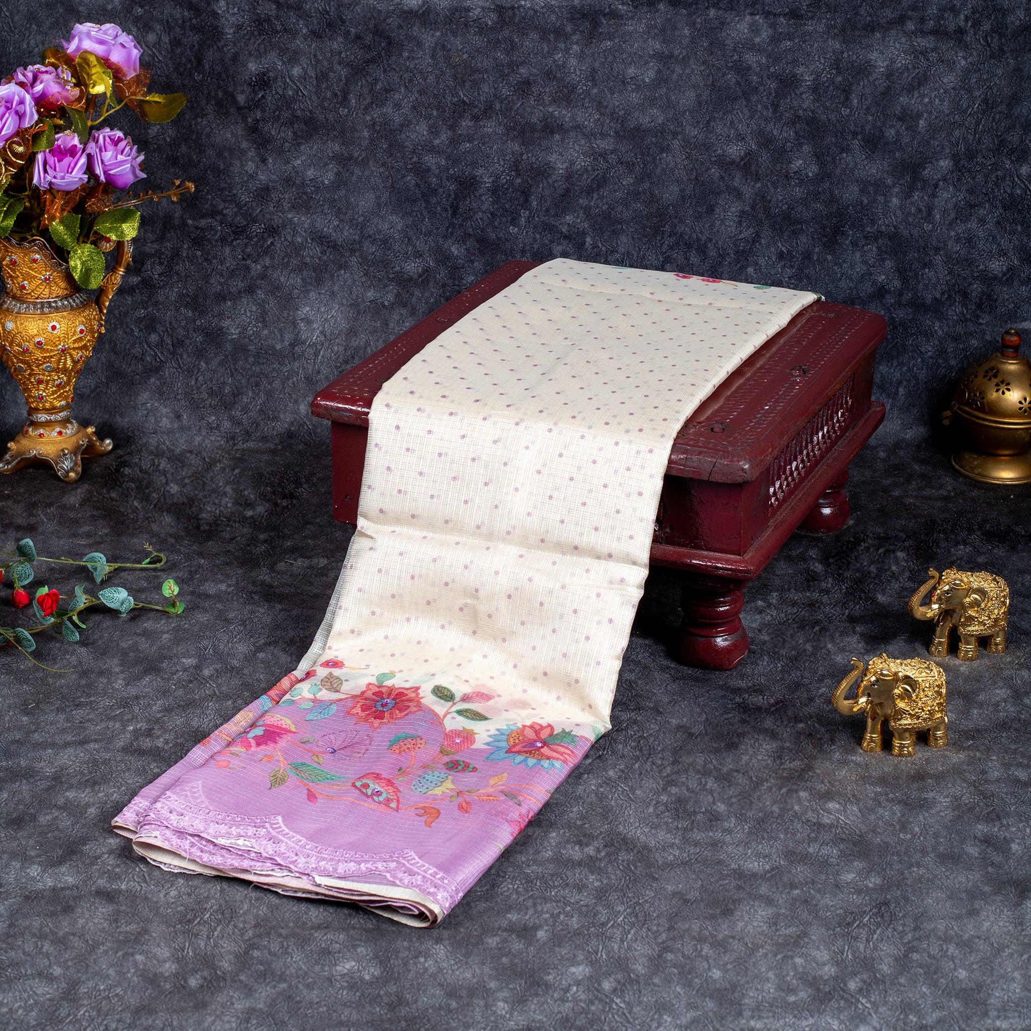 Handloom Kota Silk Saree with Digital Prints – Cream & Lavender - Kleem Boutique Main image