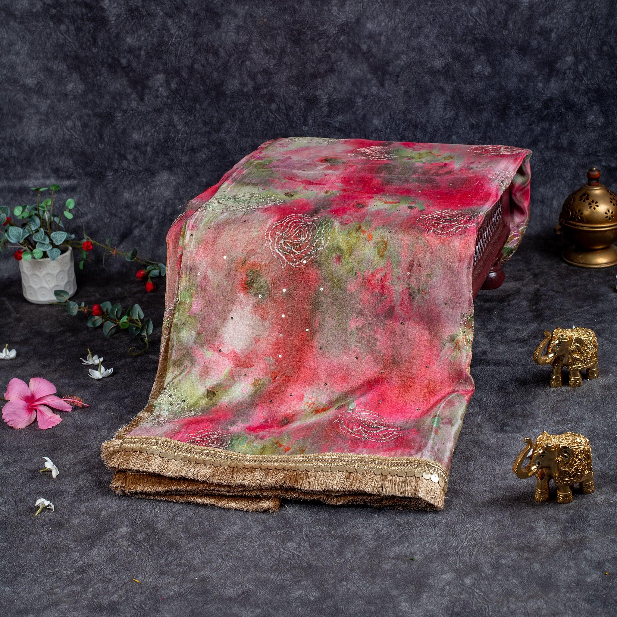 Tissue Satin Organza Saree with Digital Print & Kiran Patti - Multicolour - Kleem Boutique