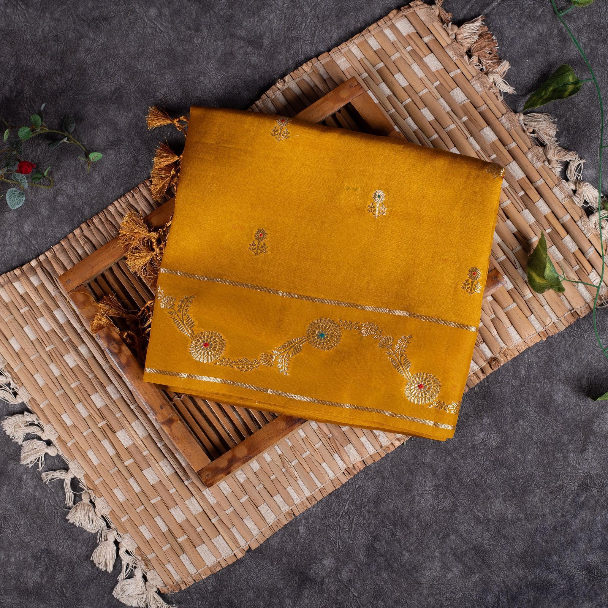 Banarasi Kora Saree – Mustard Yellow - Kleem Boutique Main image