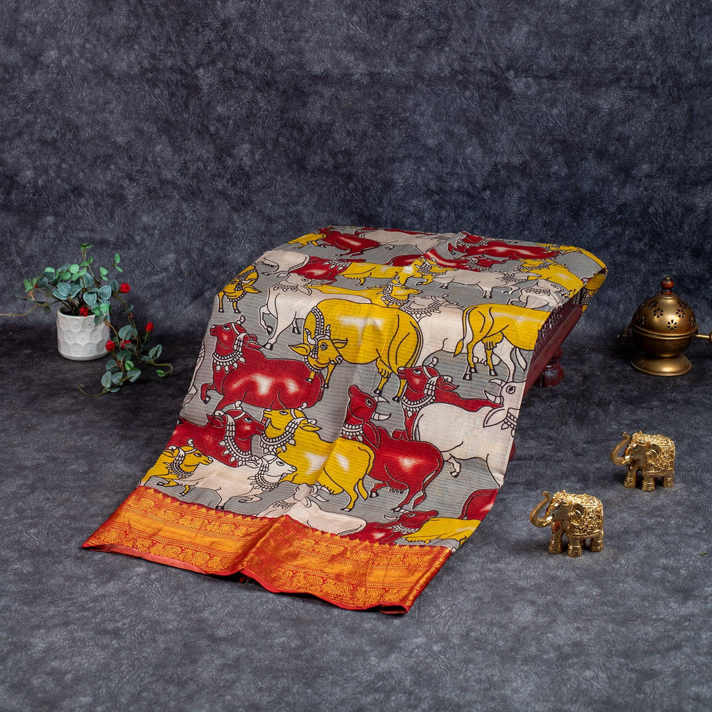 Pure Handloom Kanchi Border Silk Saree with Digital Prints - Ash Colour - Kleem Boutique