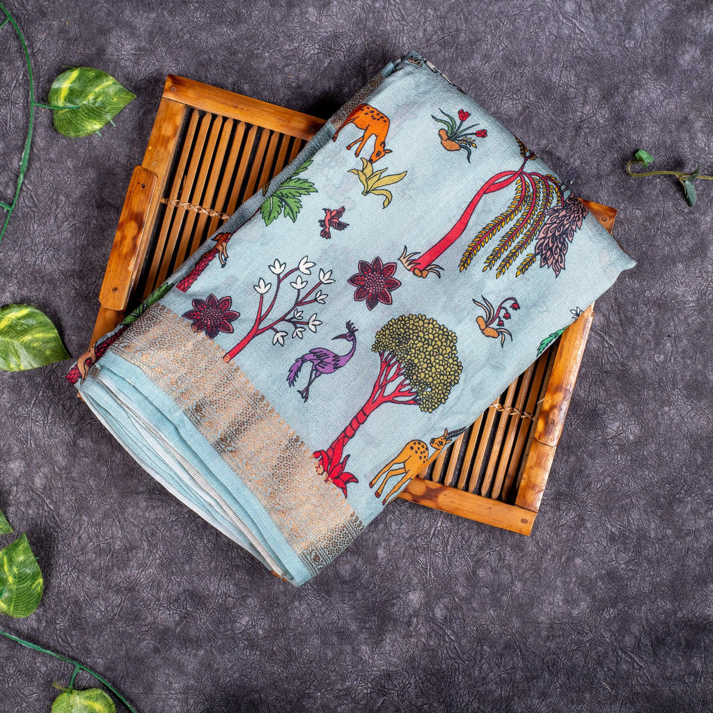 Pure Handloom Tussar Silk Saree – Digital Print with Antique Zari Border - Kleem Boutique