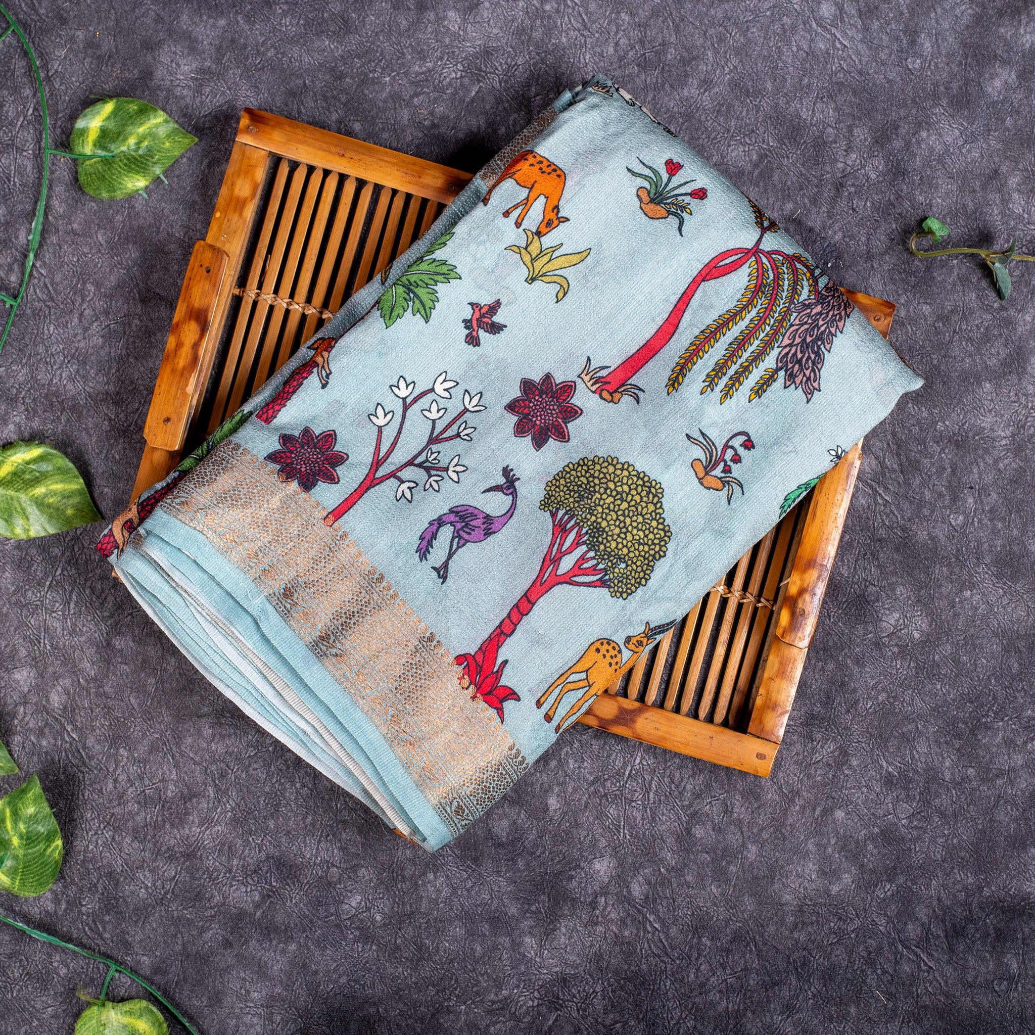 Pure Handloom Tussar Silk Saree – Digital Print with Antique Zari Border - Kleem Boutique