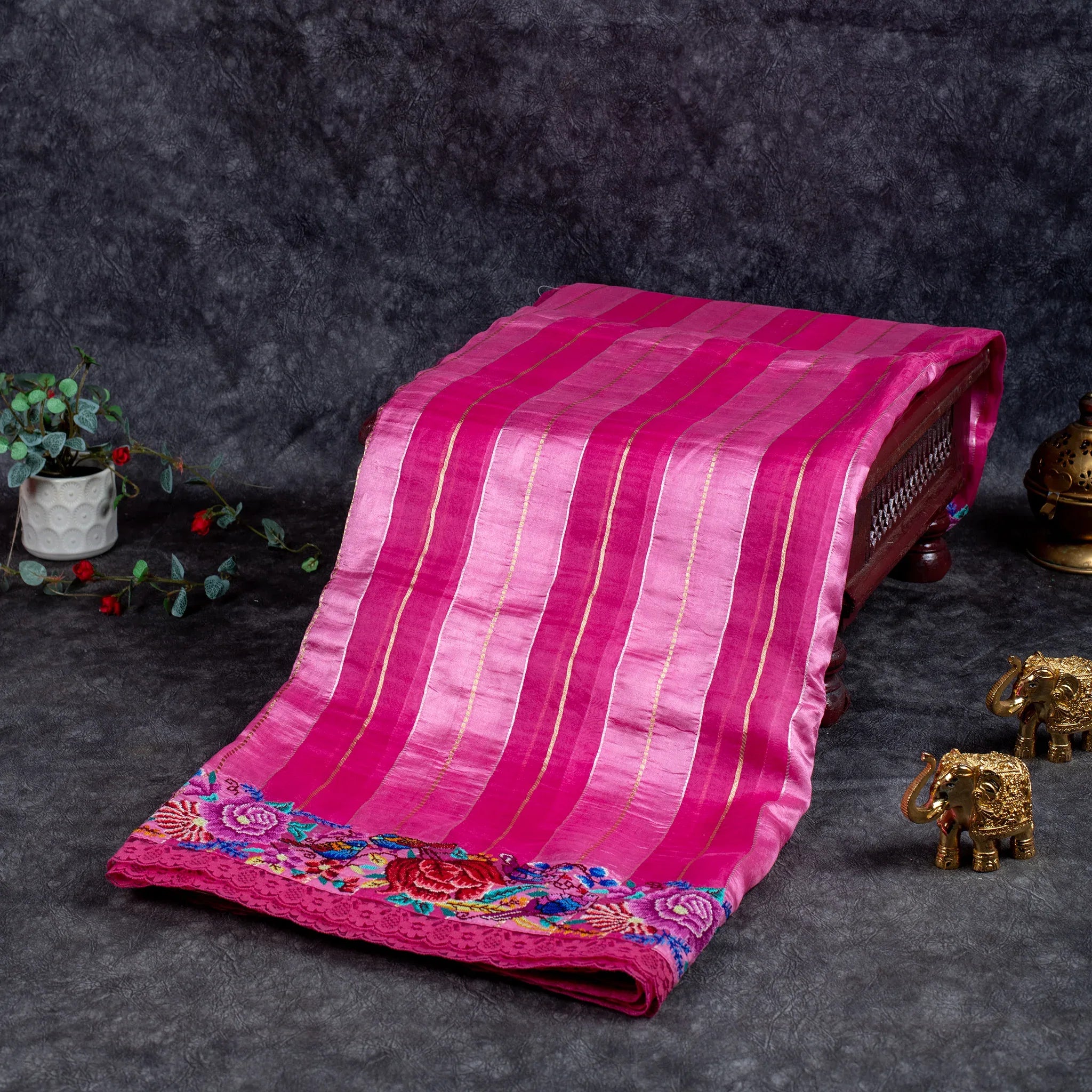Pure Handloom Banarasi Kora Saree with Pink Stripes & Pitta Work Main image