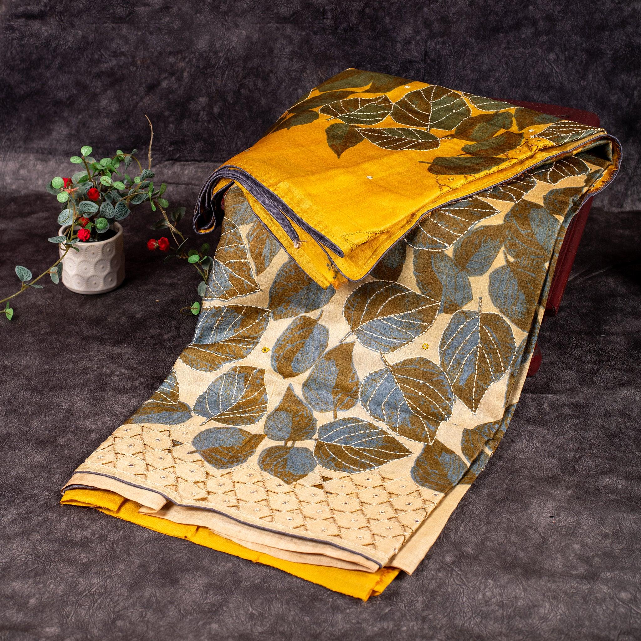 Pure Handloom Tussar Silk Off-White & Yellow Saree with Digital Print, Kantha & Cutwork Border - Kleem Boutique