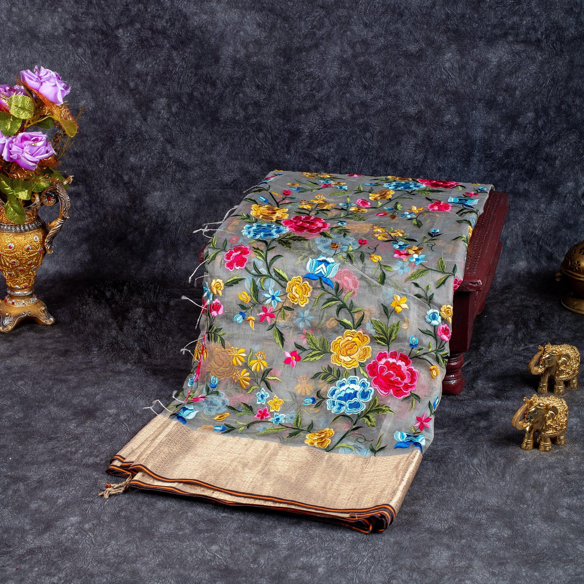 Pure Handloom Kora Saree with Parsi Embroidery & Zari Border – Grey - Kleem Boutique Main image