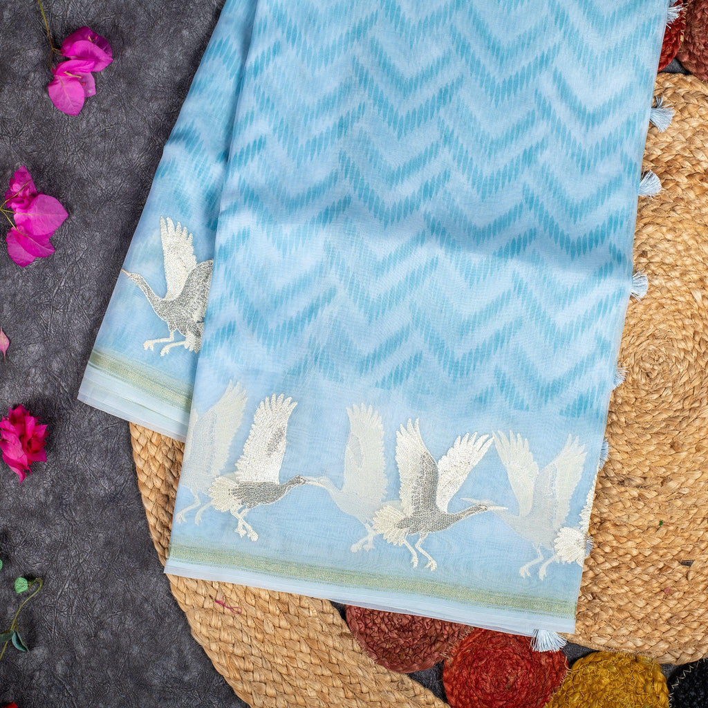 Organza Saree with Digital Print & Flamingo Embroidered Border - Sky Blue - Kleem Boutique