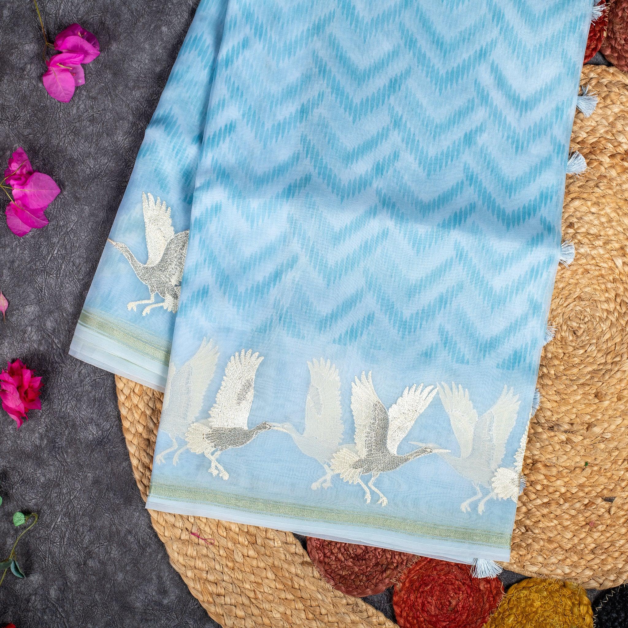 Organza Saree with Digital Print & Flamingo Embroidered Border - Sky Blue - Kleem Boutique