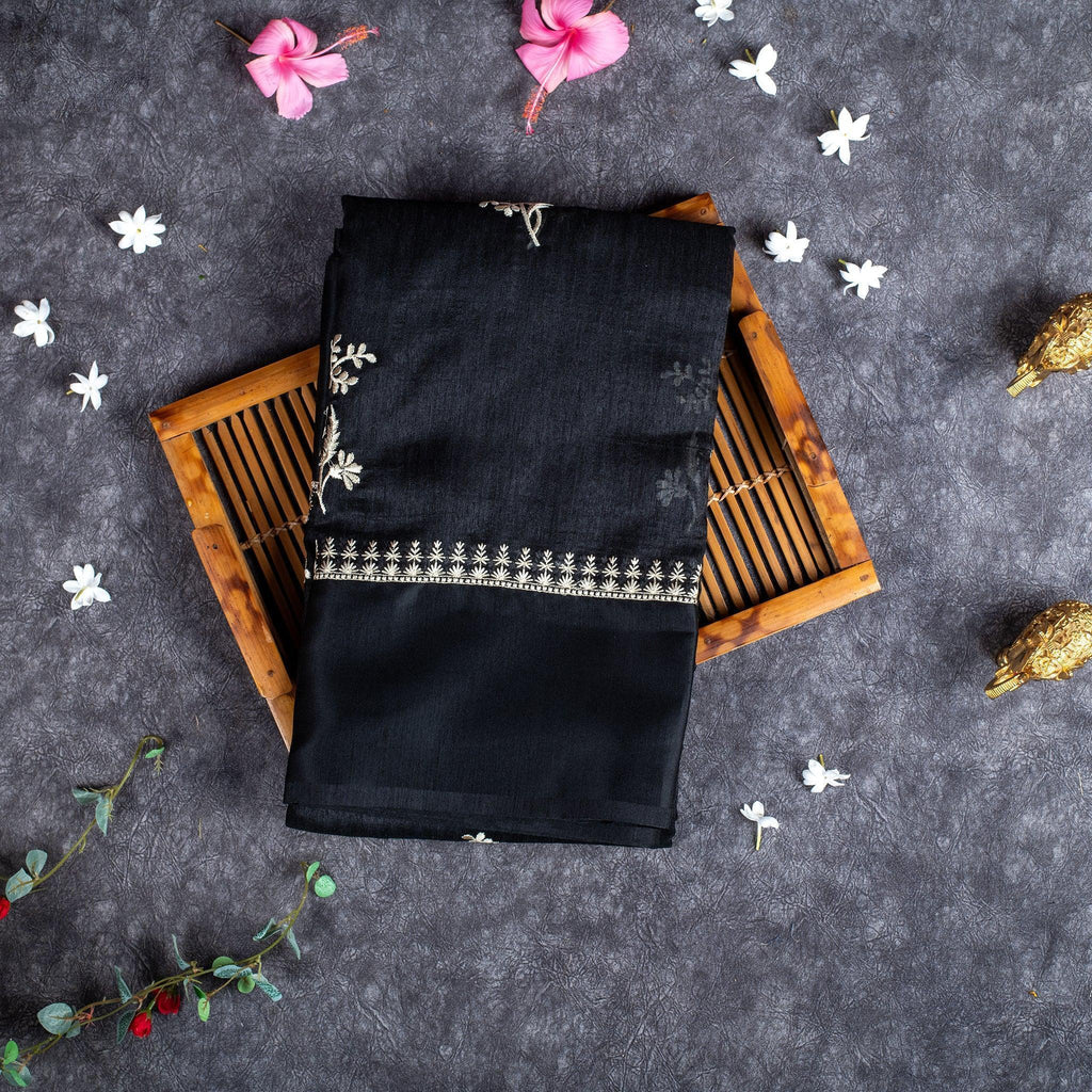 Handloom Cotton Silk Saree with Embroidery Work - Black - Kleem Boutique