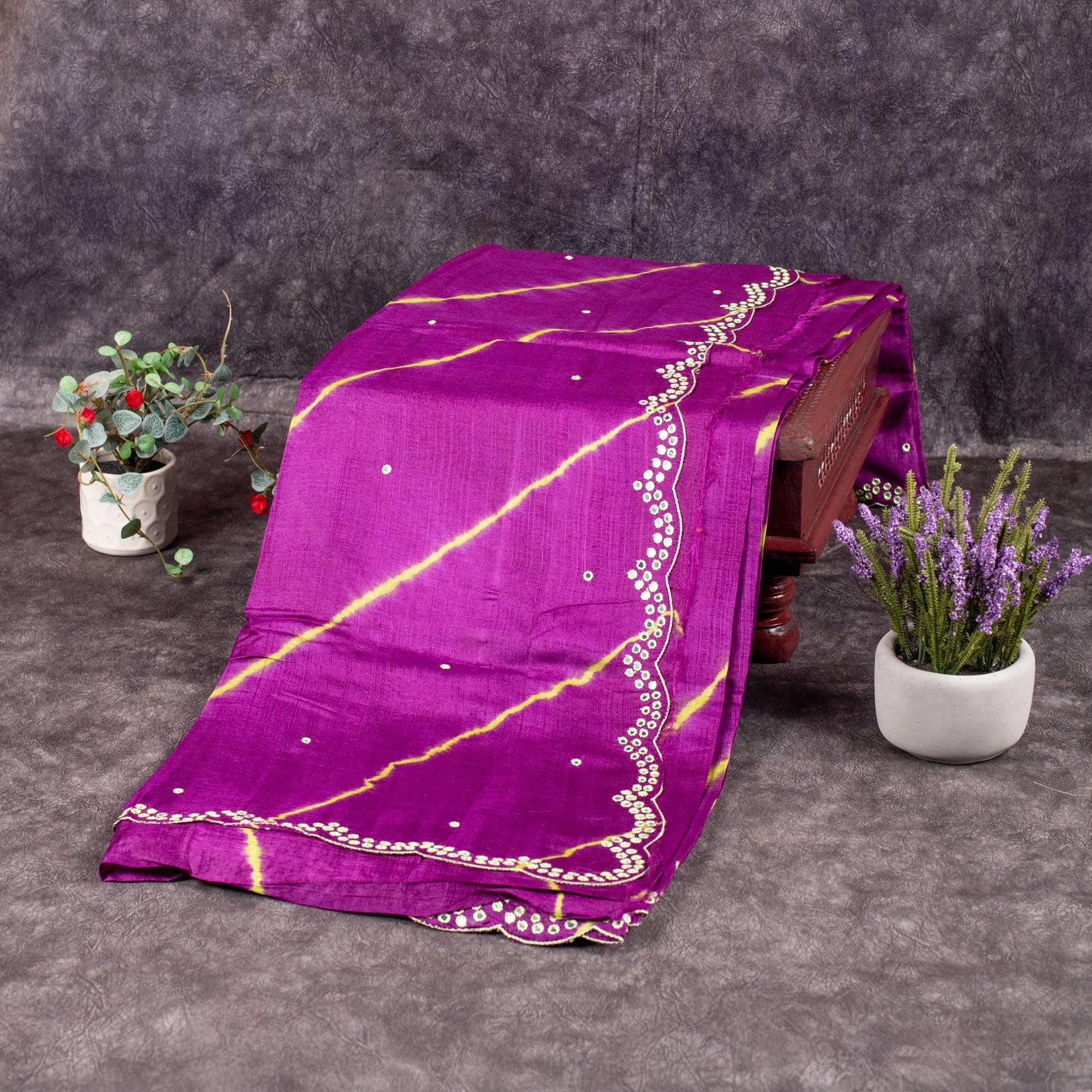 Pure Handloom Tussar Silk Purple Saree with Light Green Border & Mirror Embroidery - Kleem Boutique Main image