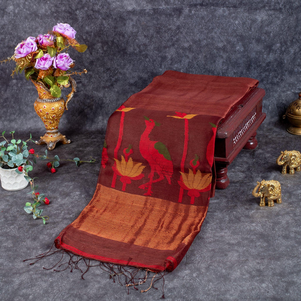 Matka Silk Jamdani Saree – Handwoven Artistic Elegance -Coffee Brown - Kleem Boutique