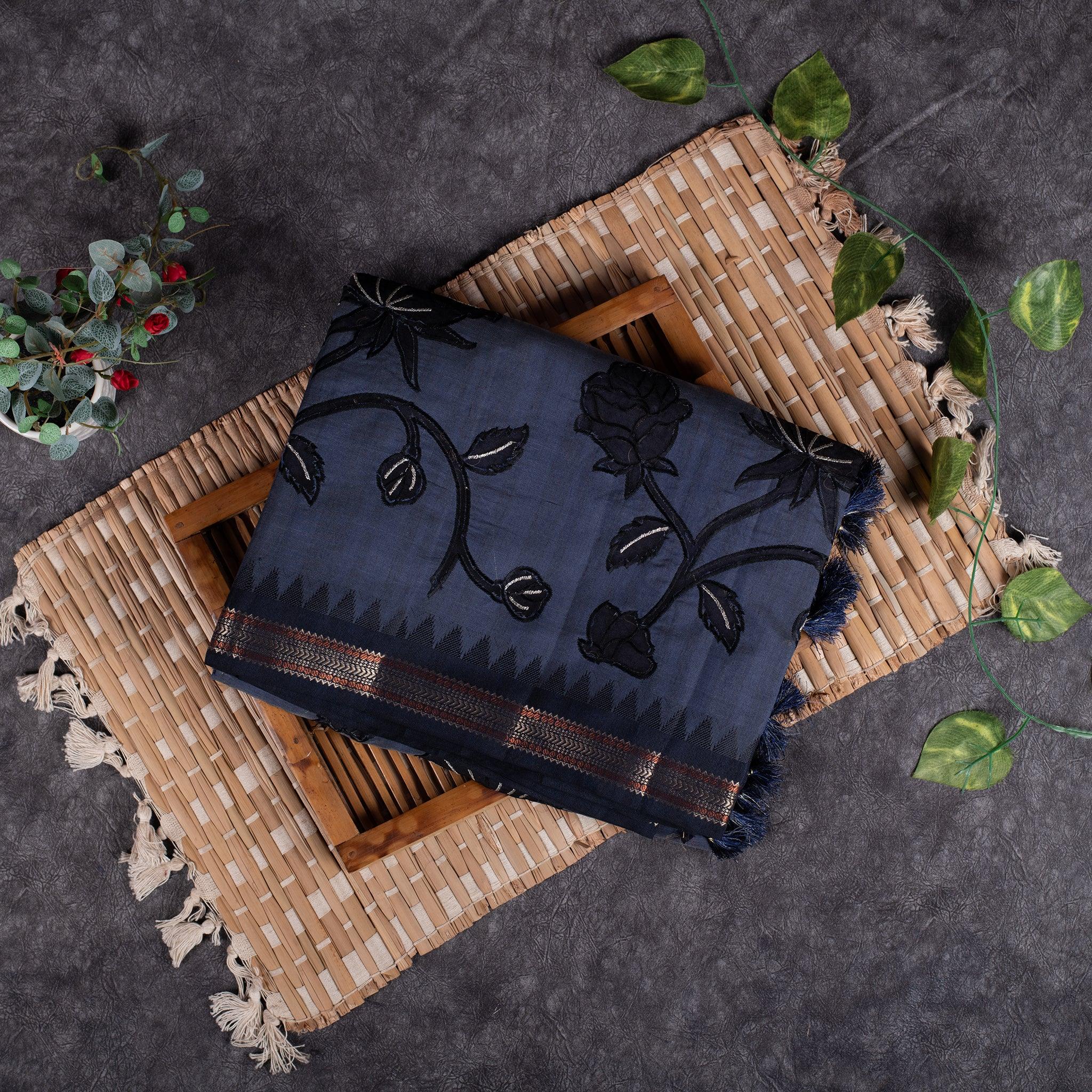 Semi Tussar Silk Saree – Vidarbha Style with Applique Work - Kleem Boutique Main image