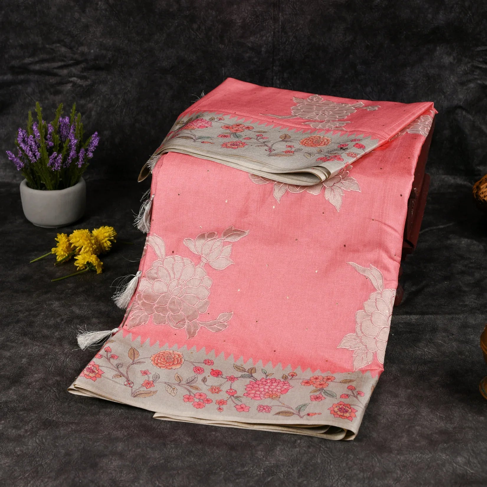 Semi Tussar Silk Coral Pink Saree with Applique Embroidery - Kleem Boutique Main image