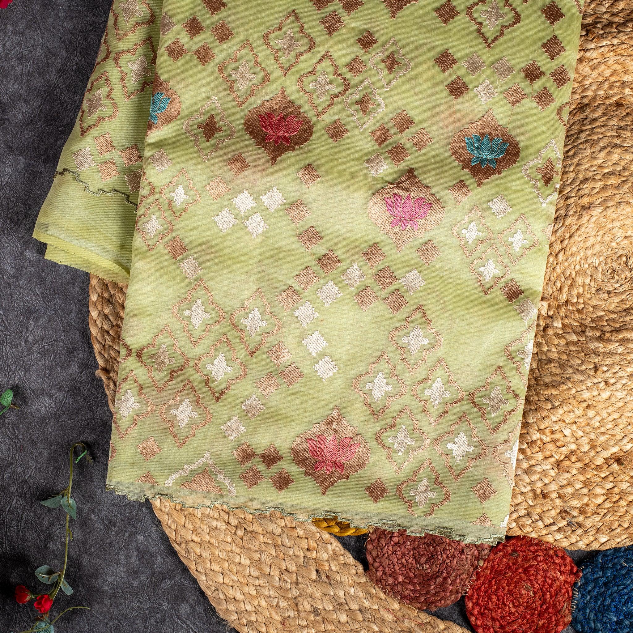 Soft Jute Tissue Organza Saree with Machine Embroidery – Elegant Pastels -Pista Green - Kleem Boutique Main image