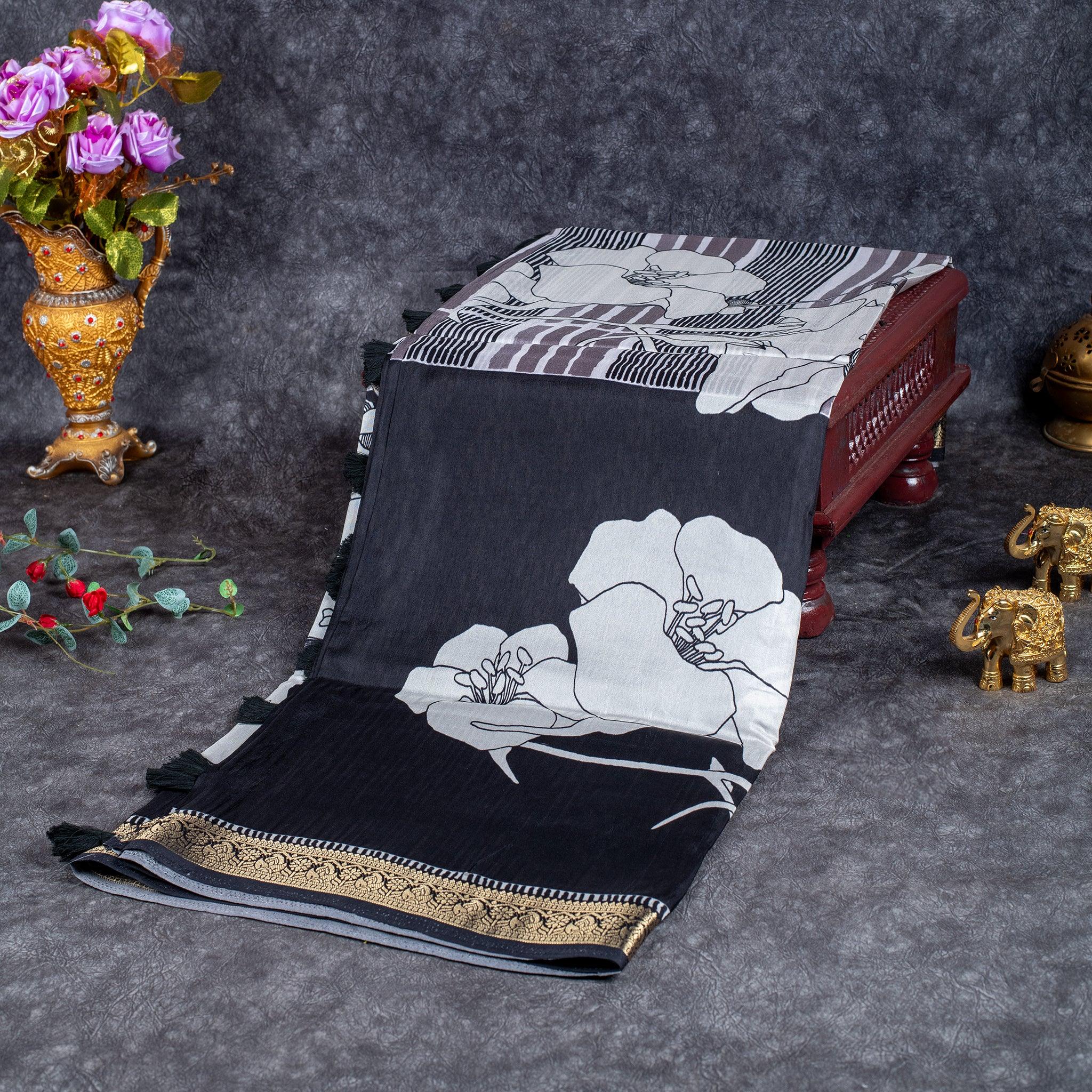 Saundarya Silk Saree – Classic Black & White Combination - Kleem Boutique Main image