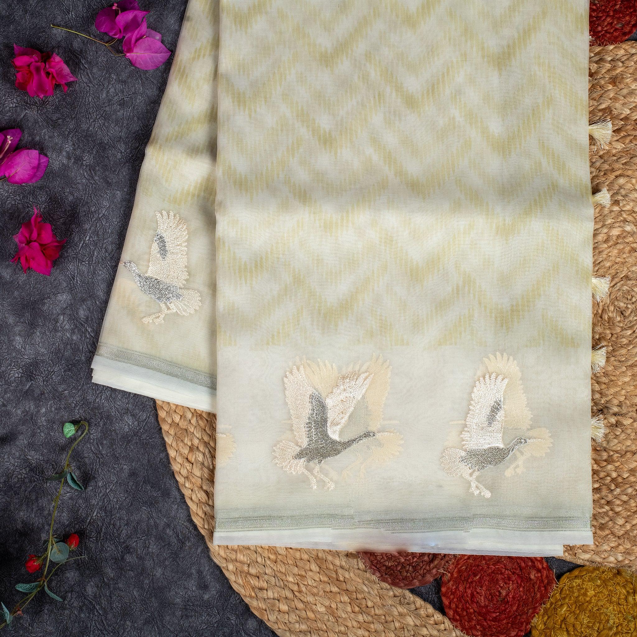 Organza Saree with Digital Print & Flamingo Embroidered Border - Lemon Yellow - Kleem Boutique Main image