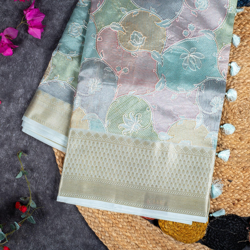 Kora Organza Saree with Pastel Floral Design - Light Sea Green - Kleem Boutique