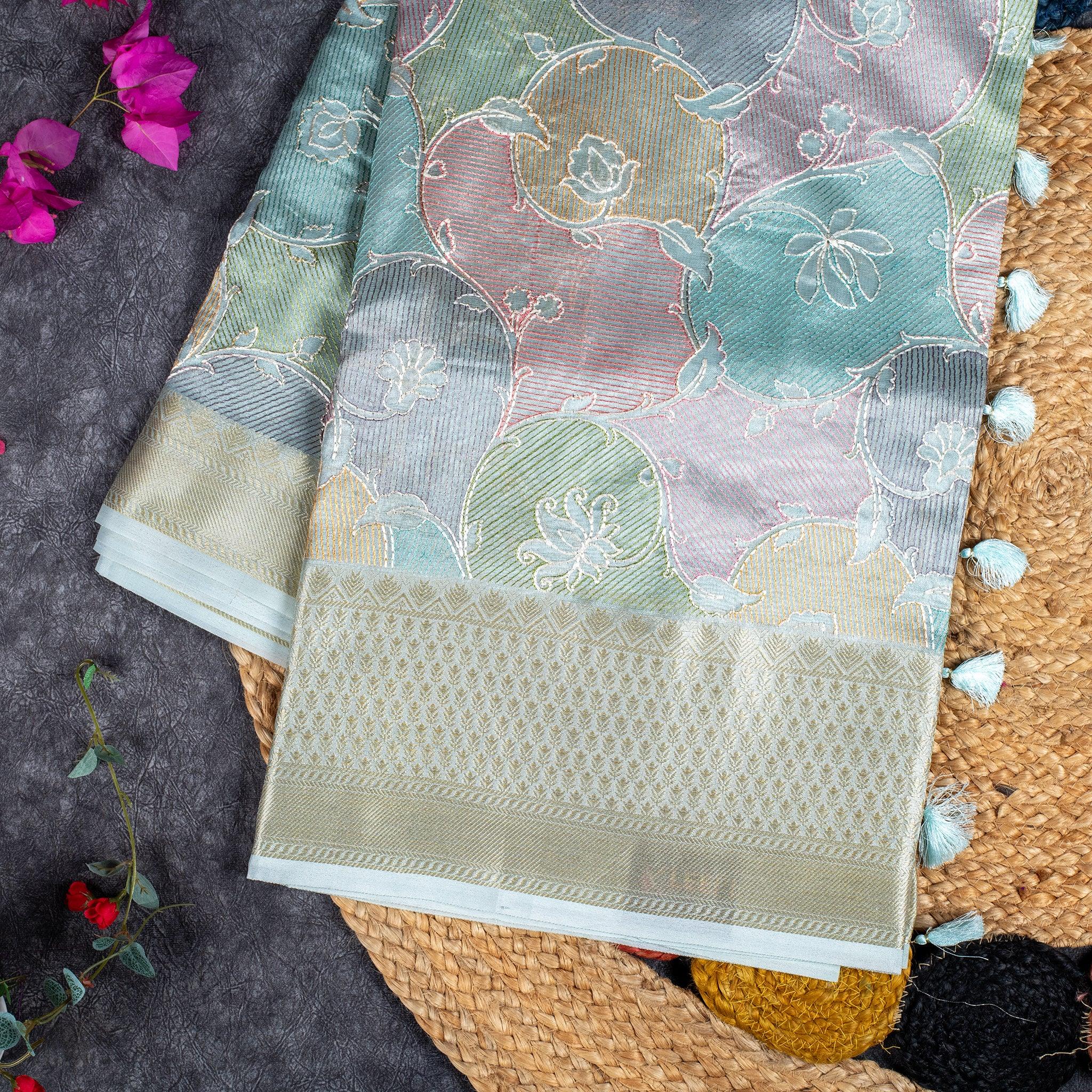 Kora Organza Saree with Pastel Floral Design - Light Sea Green - Kleem Boutique