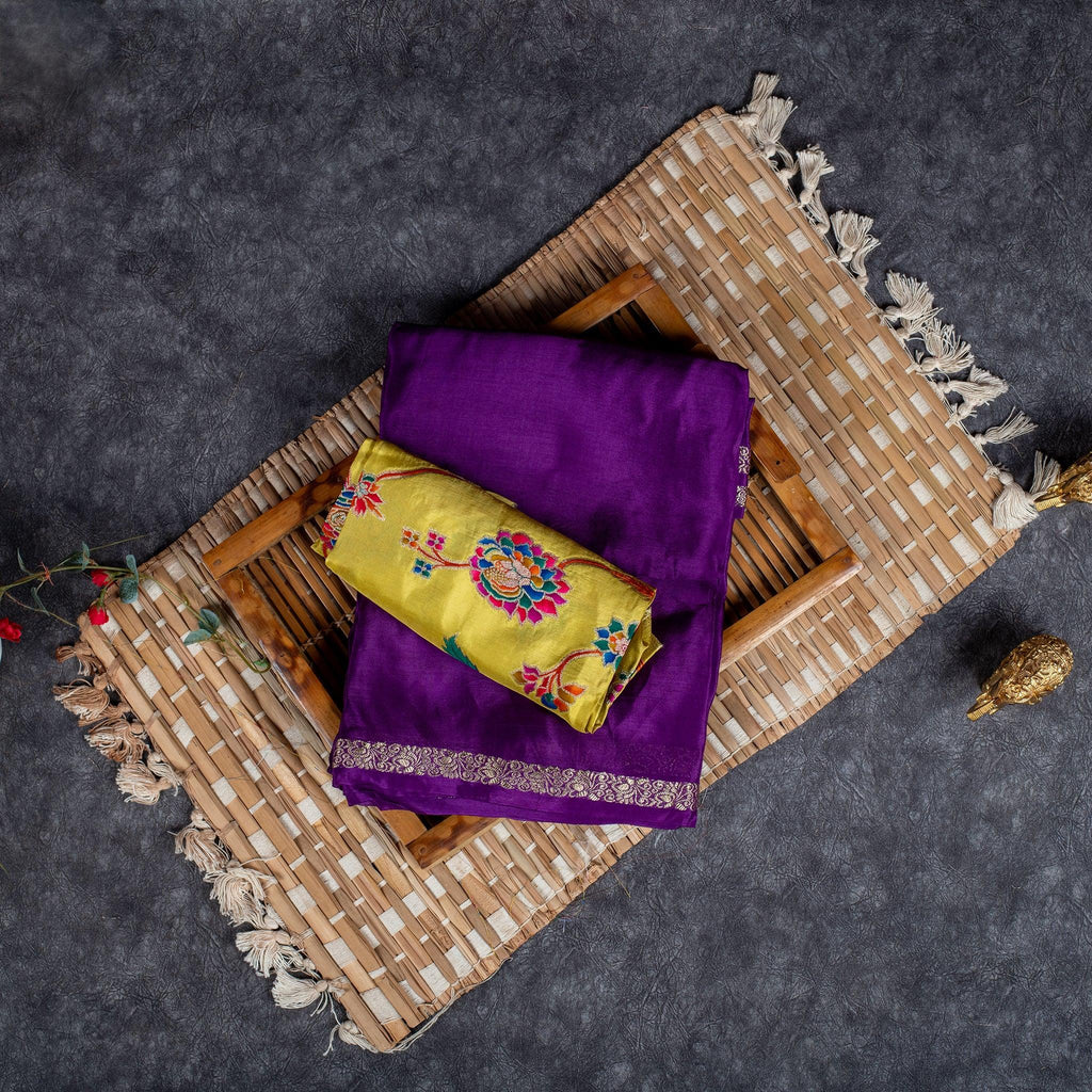 Mysore Crepe Saree with Contrast Blouse - Purple - Kleem Boutique