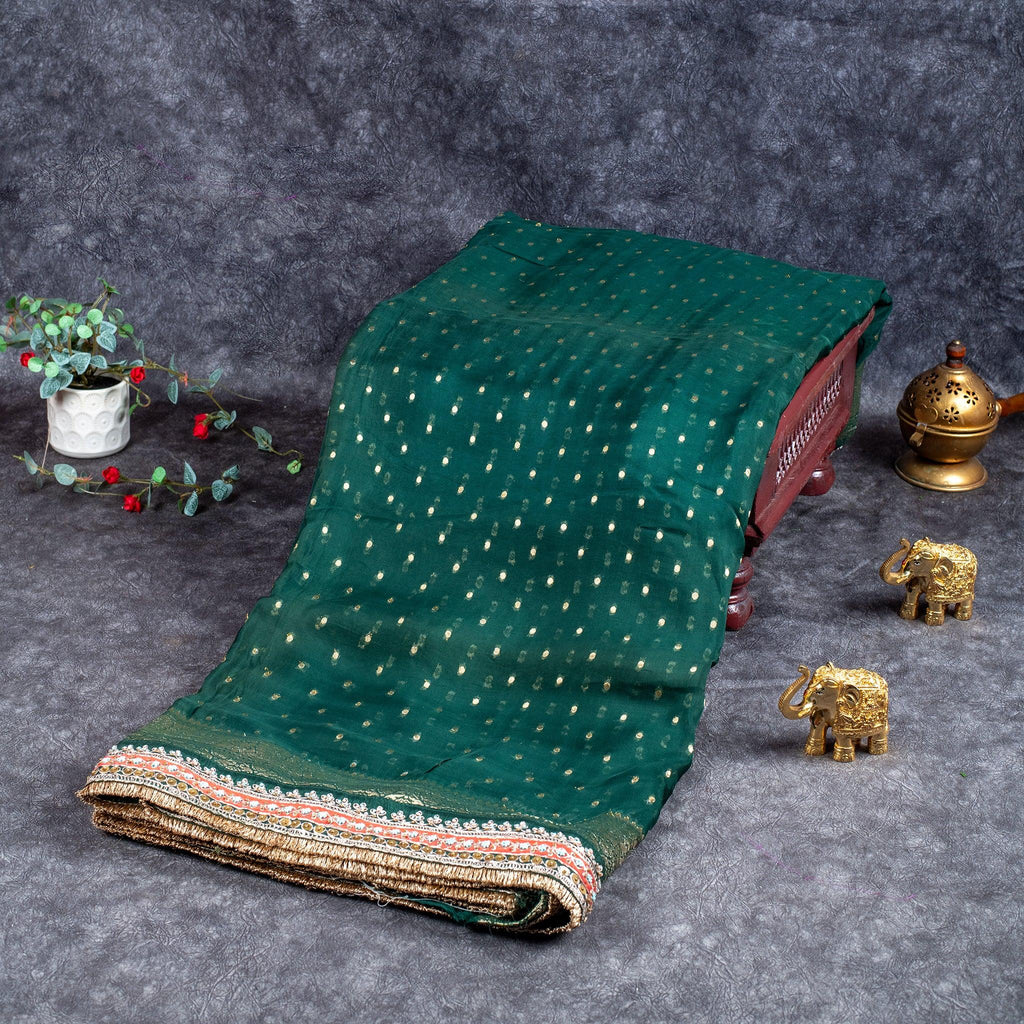 Satin Organza Saree with Banarasi Border & Kiran Patti – Bottle Green