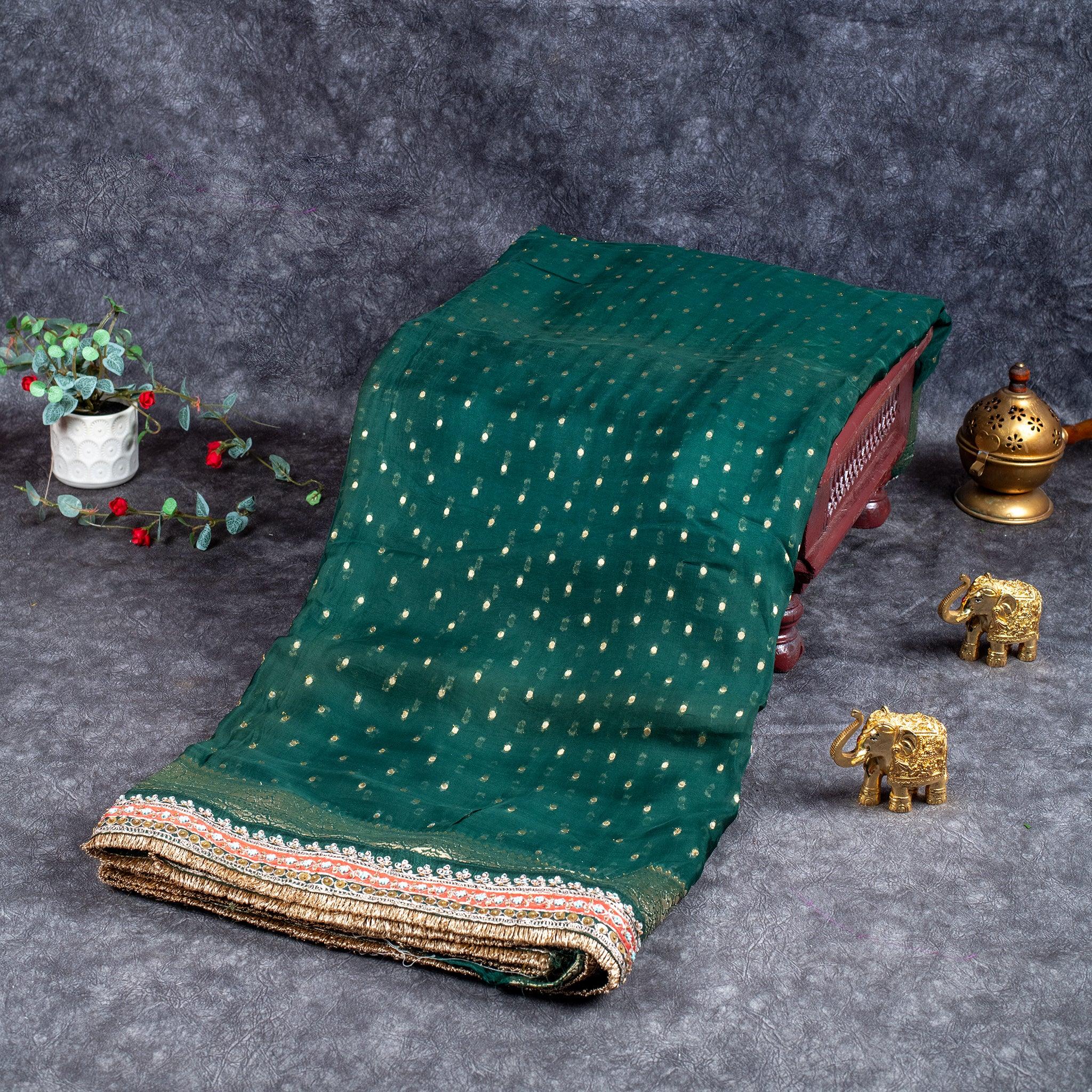 Satin Organza Saree with Banarasi Border & Kiran Patti – Bottle Green