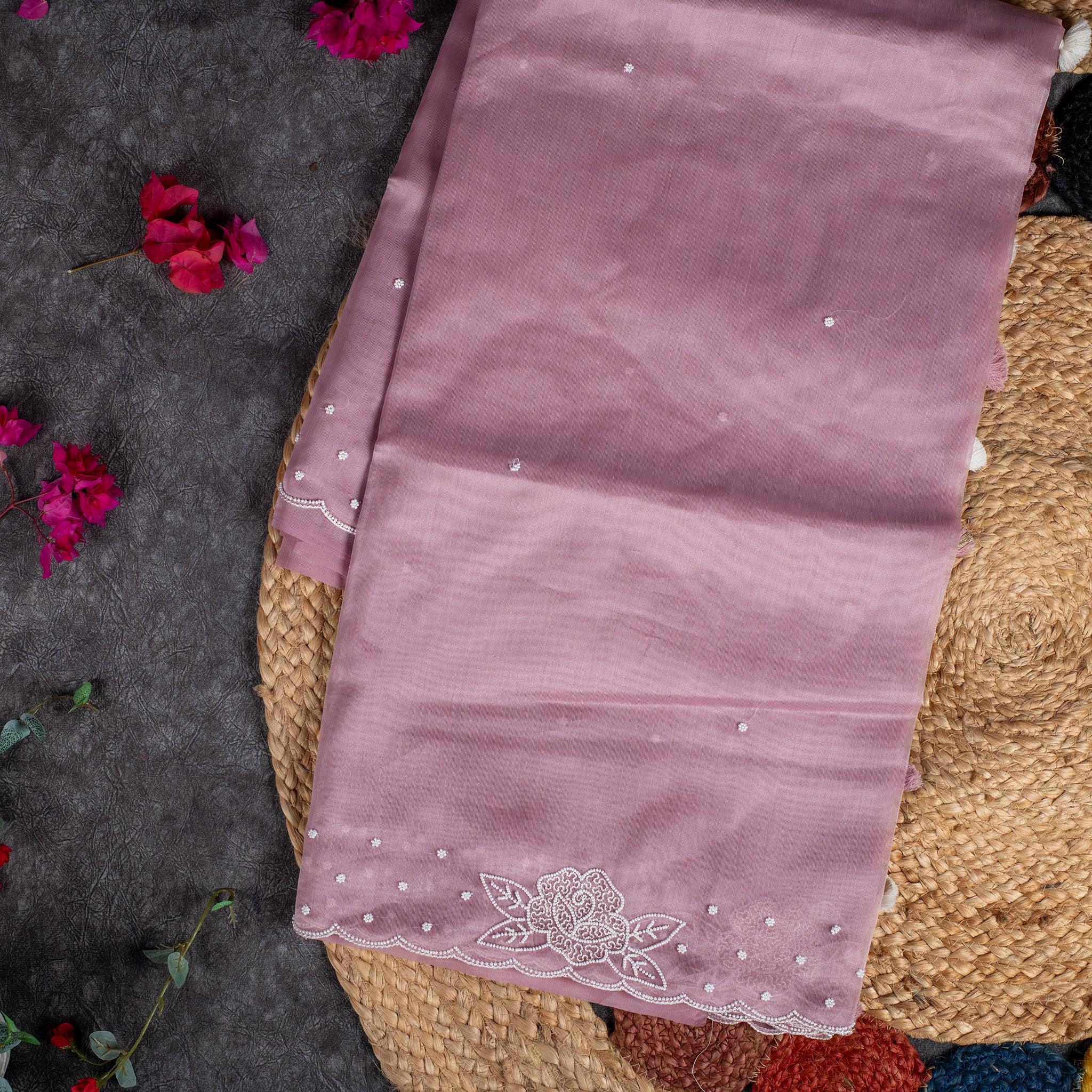 Jute Tissue Silk Saree with Mothi Embroidery – Onion Pink - Kleem Boutique Main image