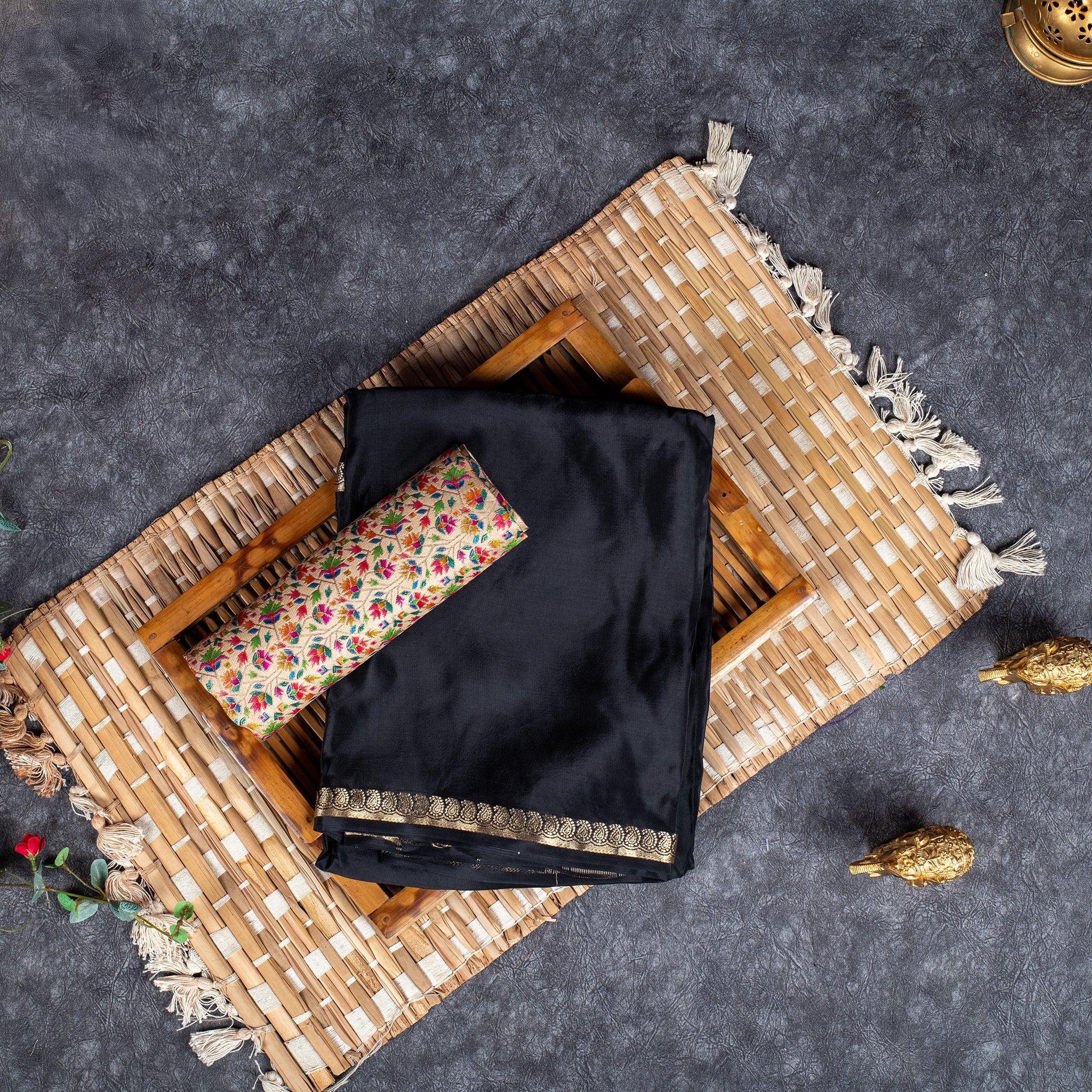 Mysore Crepe Saree with Contrast Blouse - Black - Kleem Boutique Main image